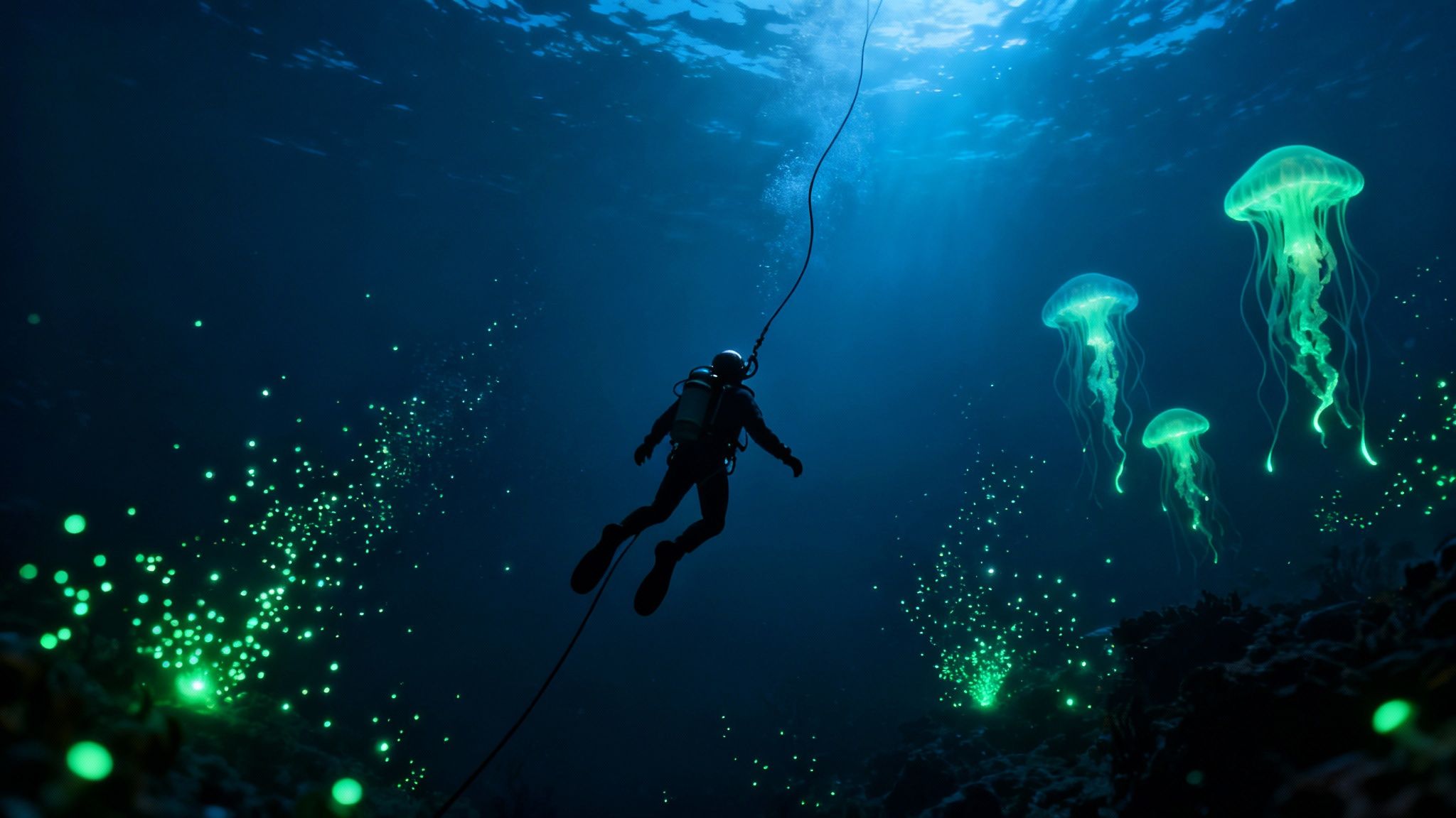 A bioluminescent creature glows in the dark during a Kona blackwater dive, highlighting the unique pelagic life.