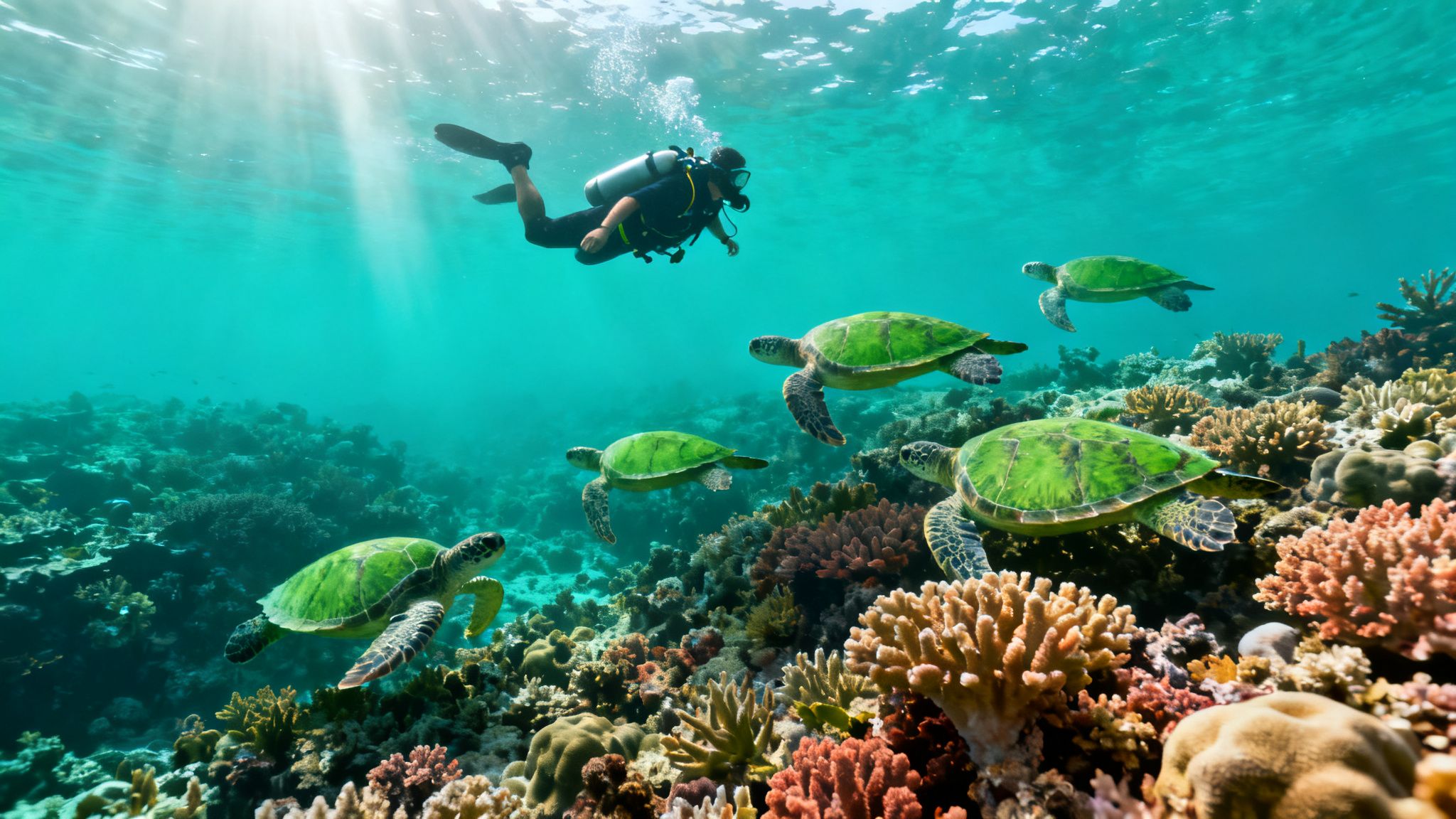 A scuba diver swims with five green sea turtles over a vibrant coral reef, bathed in sunlight.