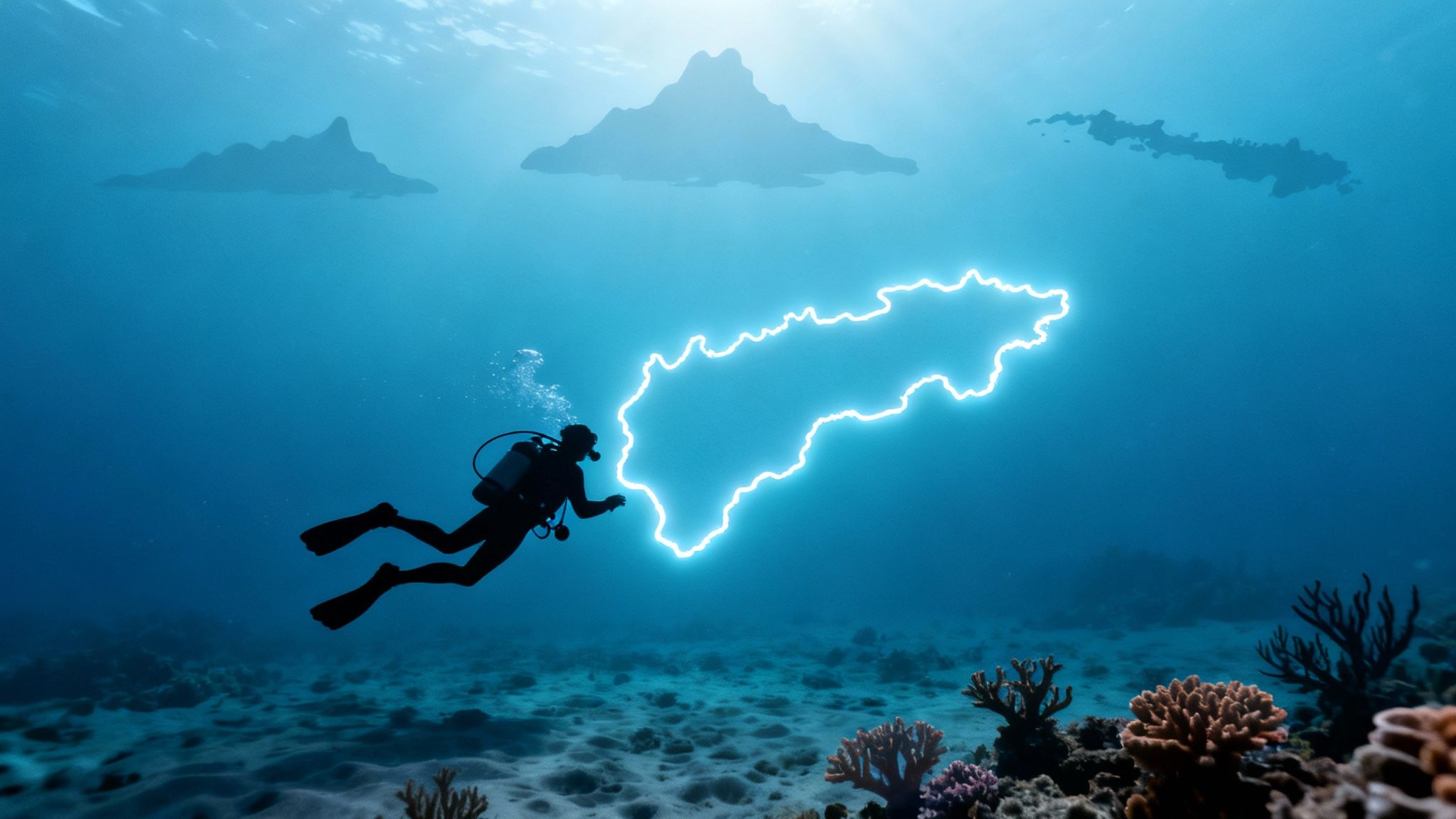 A scuba diver swimming near a coral reef in Hawaii
