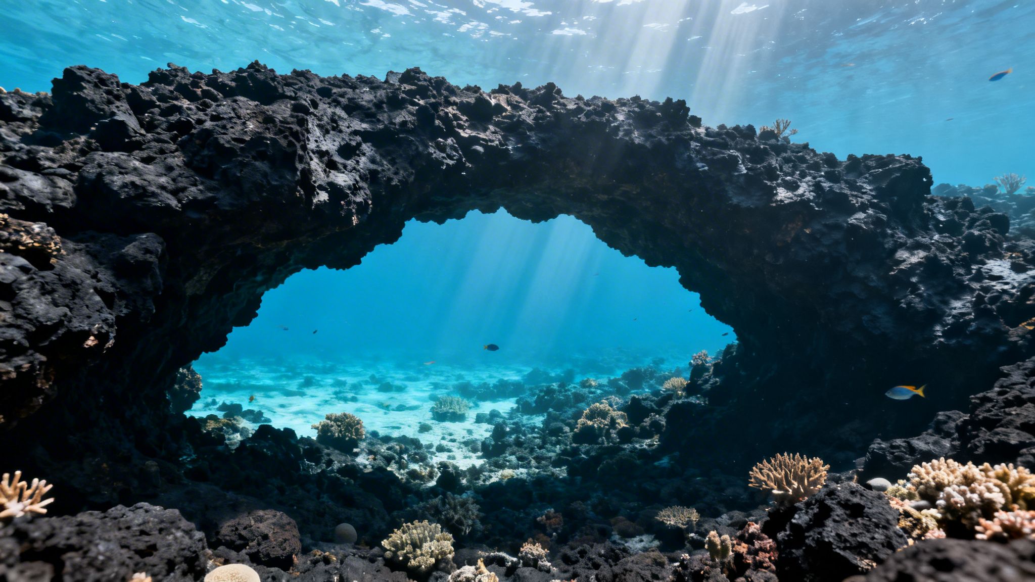 Underwater view of a natural dark rock arch with sun rays illuminating blue water and coral.