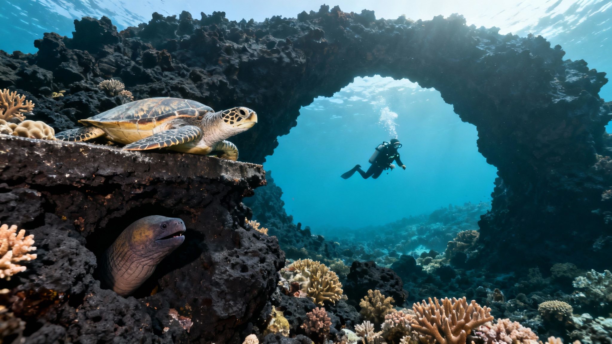 Underwater scene showing a green sea turtle, moray eel, and scuba diver exploring a coral reef arch.