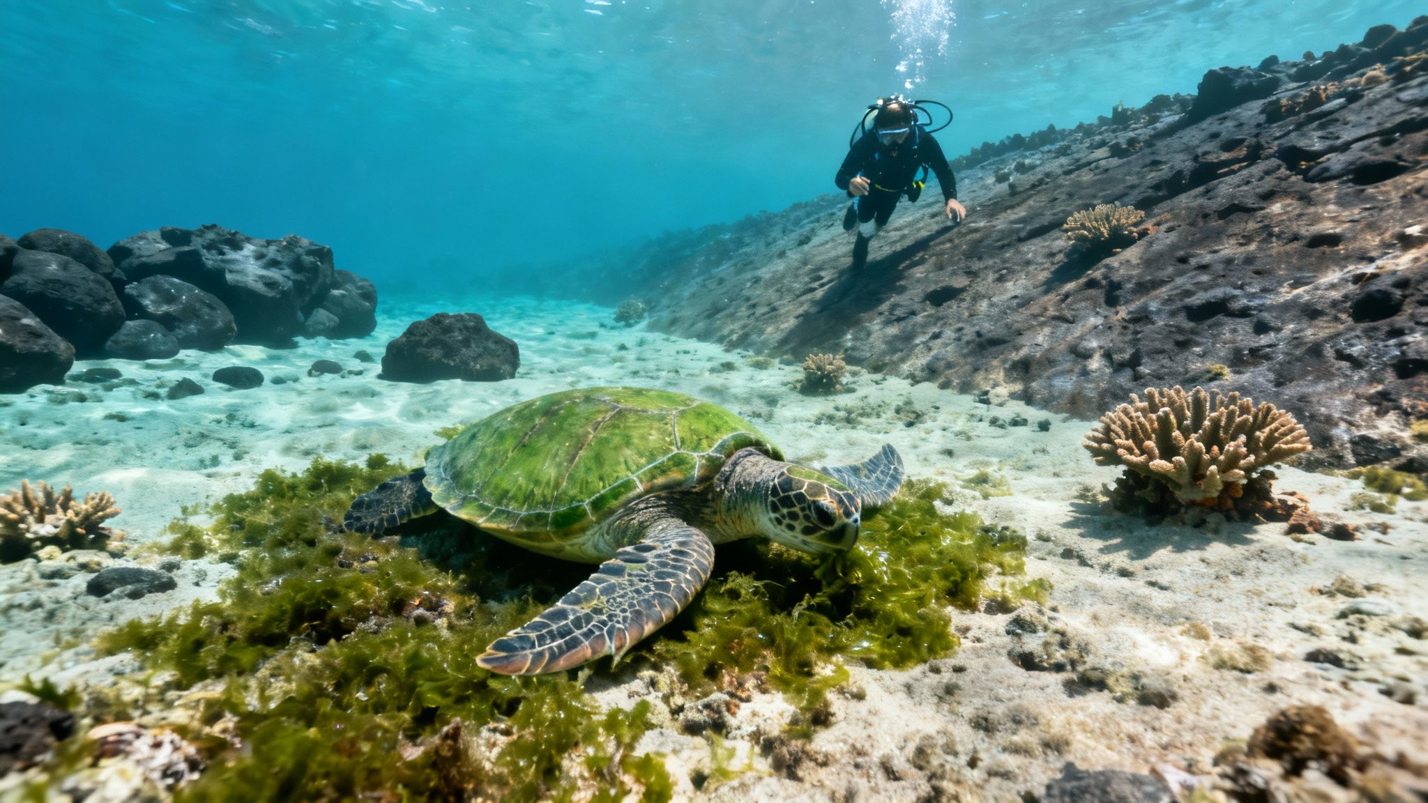 A scuba diver observes a green sea turtle feeding on vibrant seaweed on a sandy seabed.
