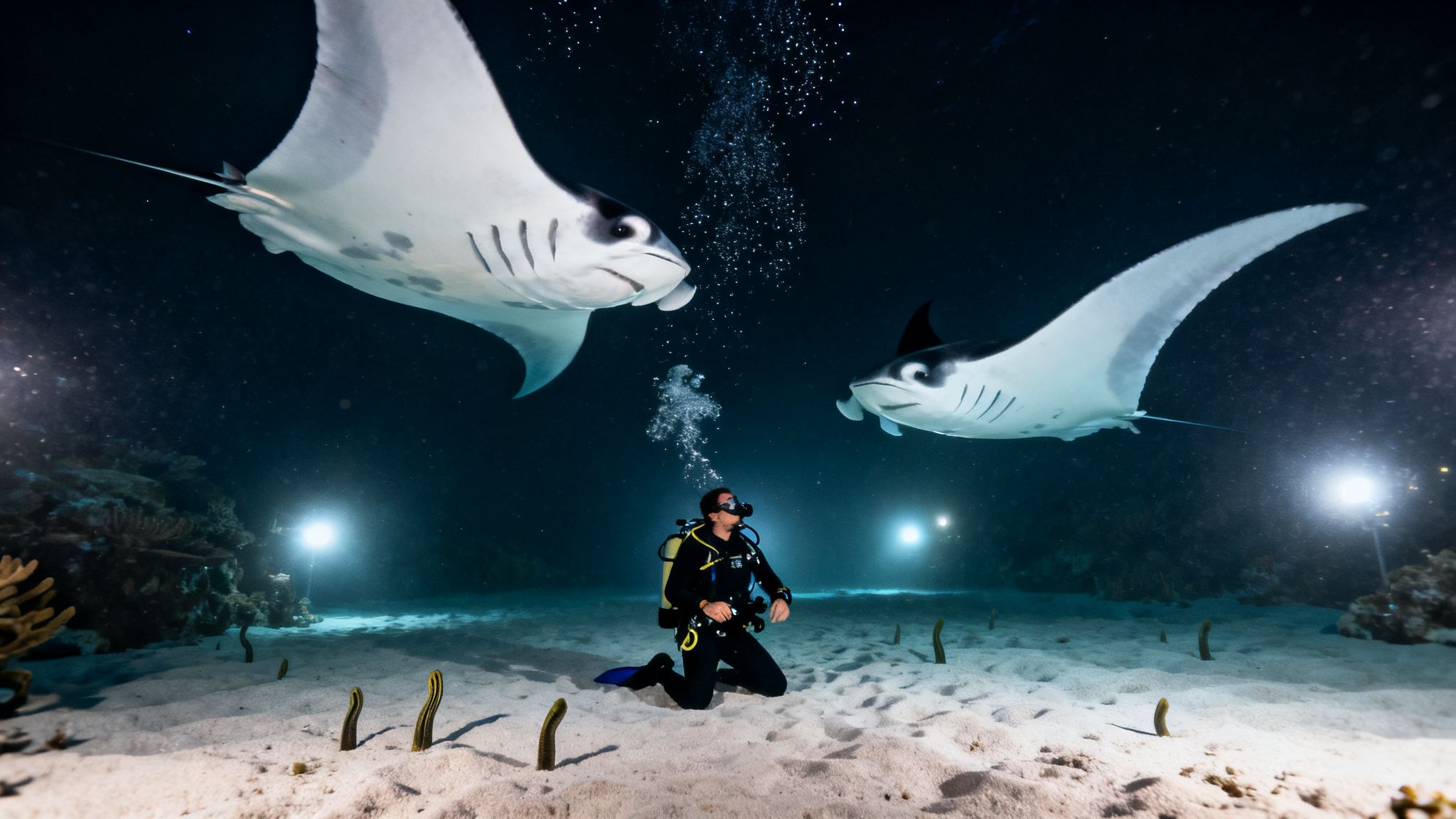 A diver observes two large manta rays swimming above him during a mesmerizing night dive.