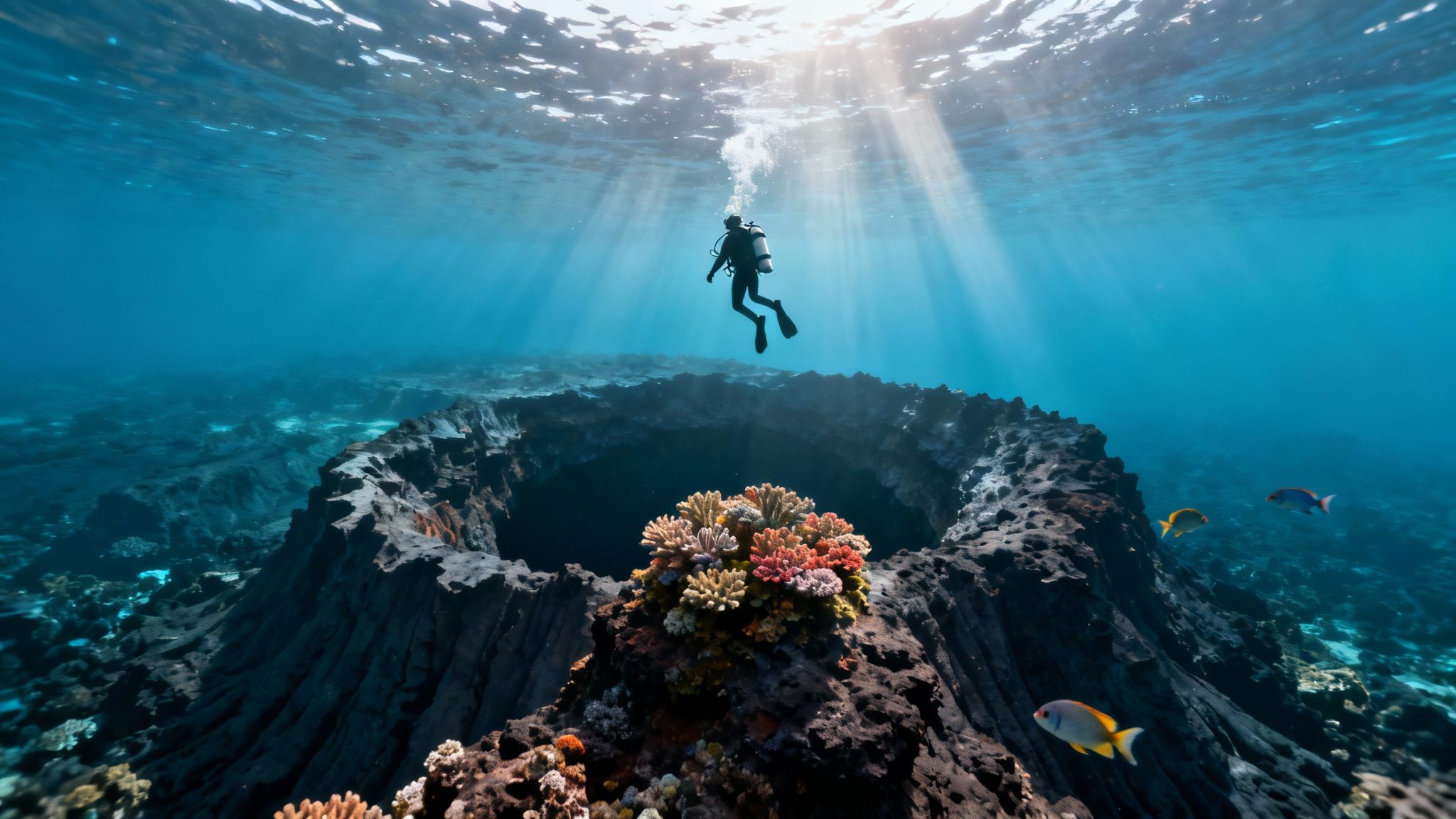 A scuba diver swimming past a massive coral reef formation with fish in clear blue water.