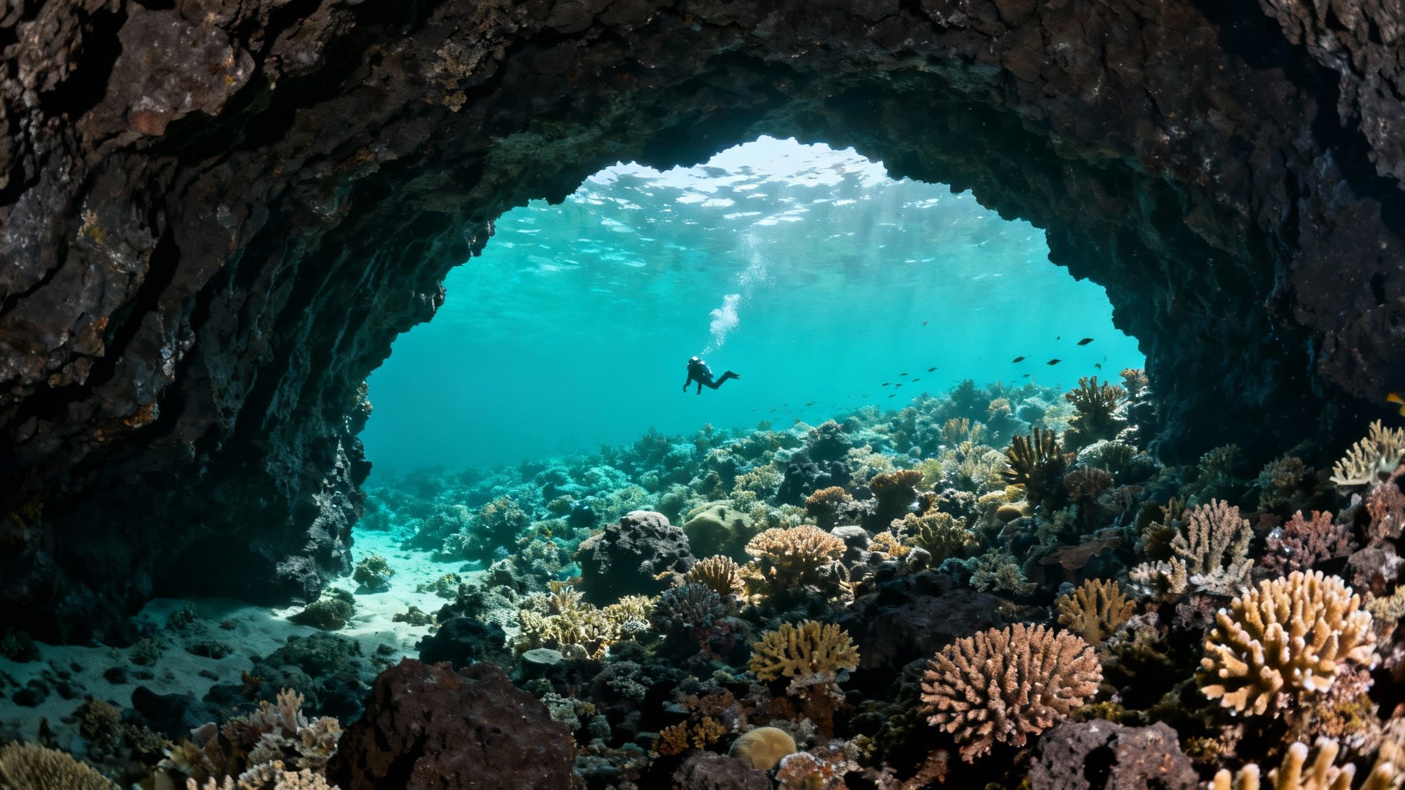 A scuba diver swims past a vibrant coral reef with colorful fish on the Big Island of Hawaii.