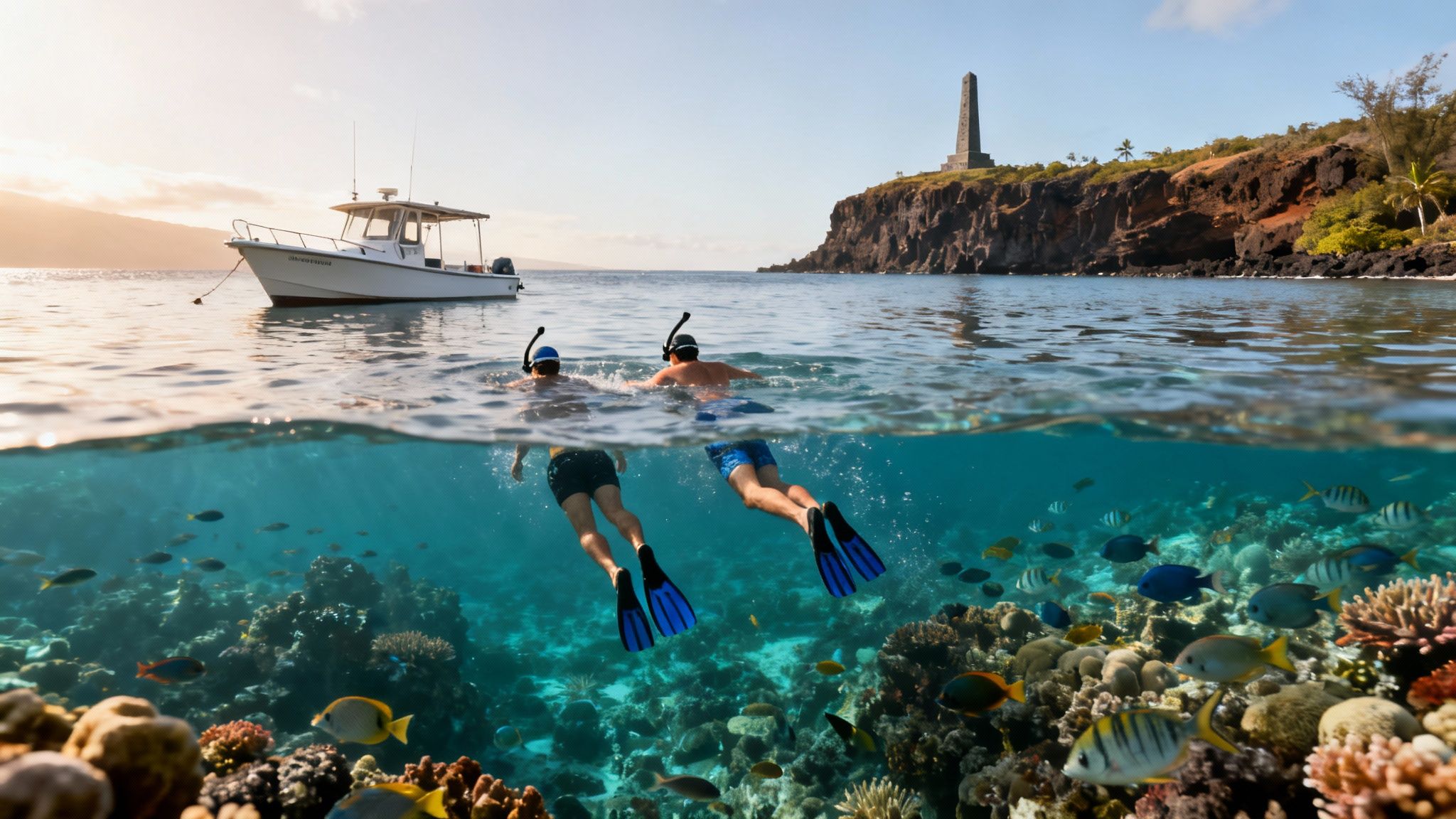 Two men snorkeling over a vibrant coral reef, with a boat and an island obelisk in the background.