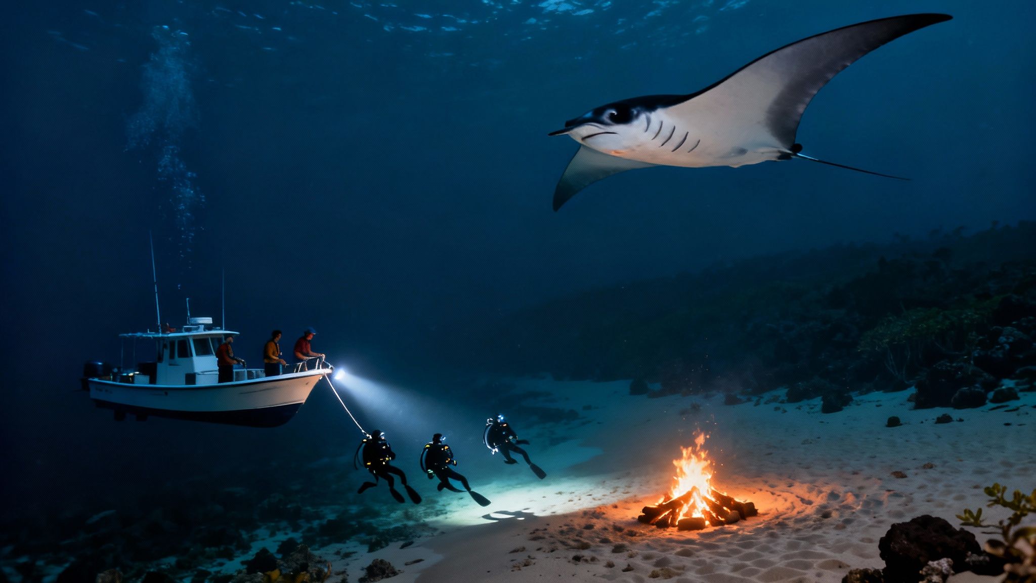 A breathtaking underwater night scene with divers, a boat, an underwater campfire, and a majestic manta ray.