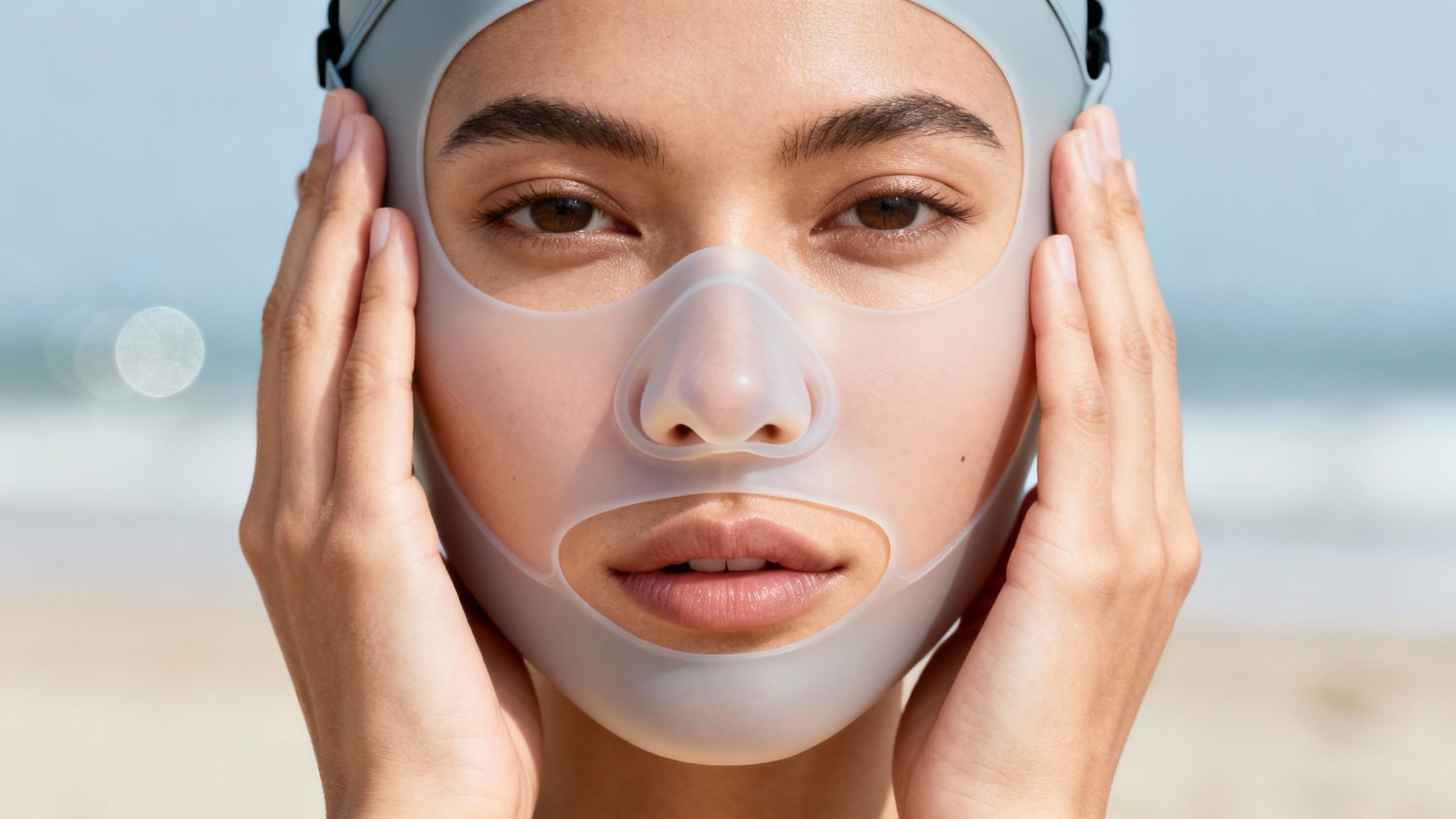 Close-up of a person wearing a clear silicone face mask on a sunny beach, hands on face.