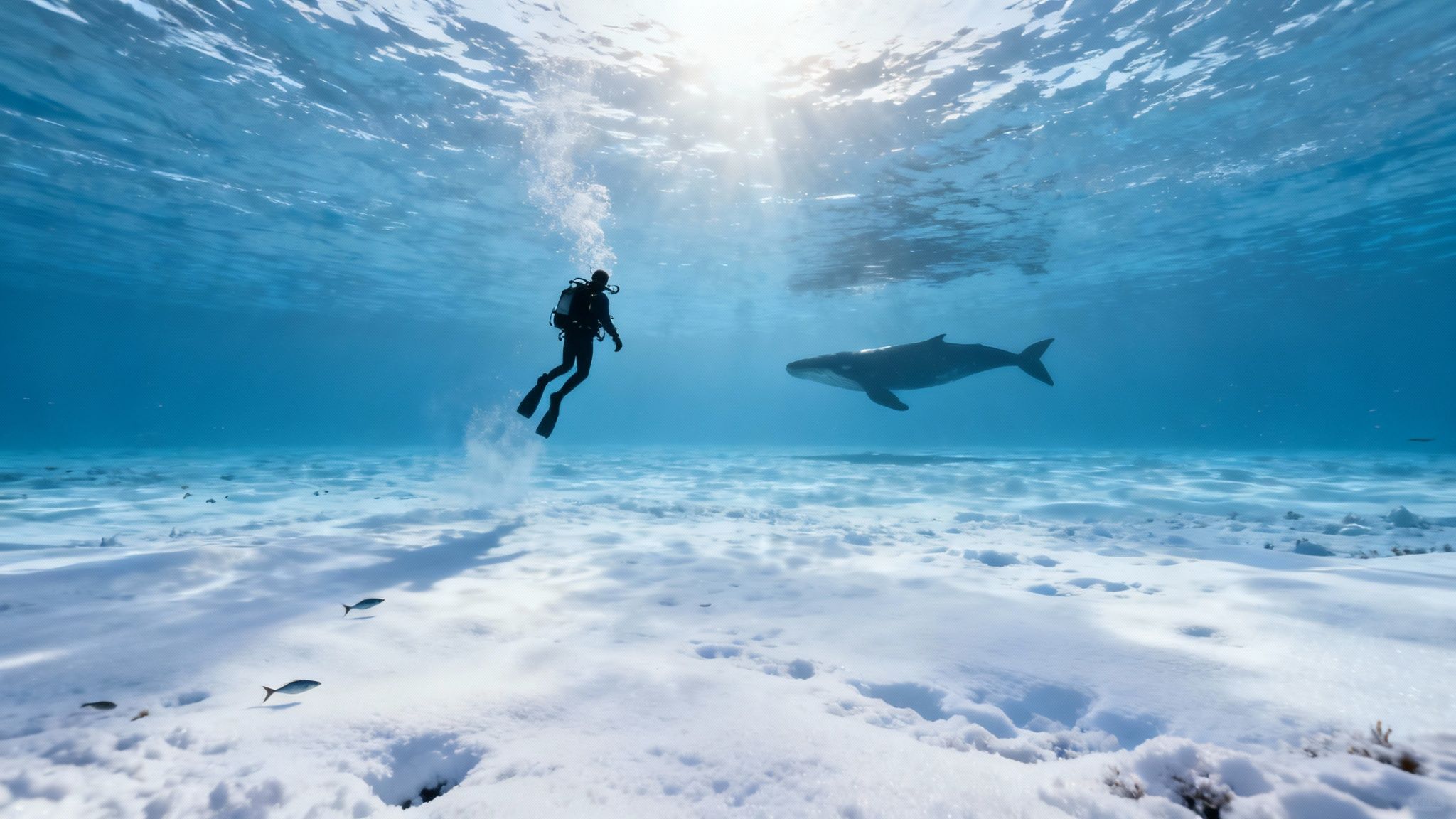 A group of scuba divers underwater in clear blue water, exploring a vibrant coral reef in Kona, Hawaii.