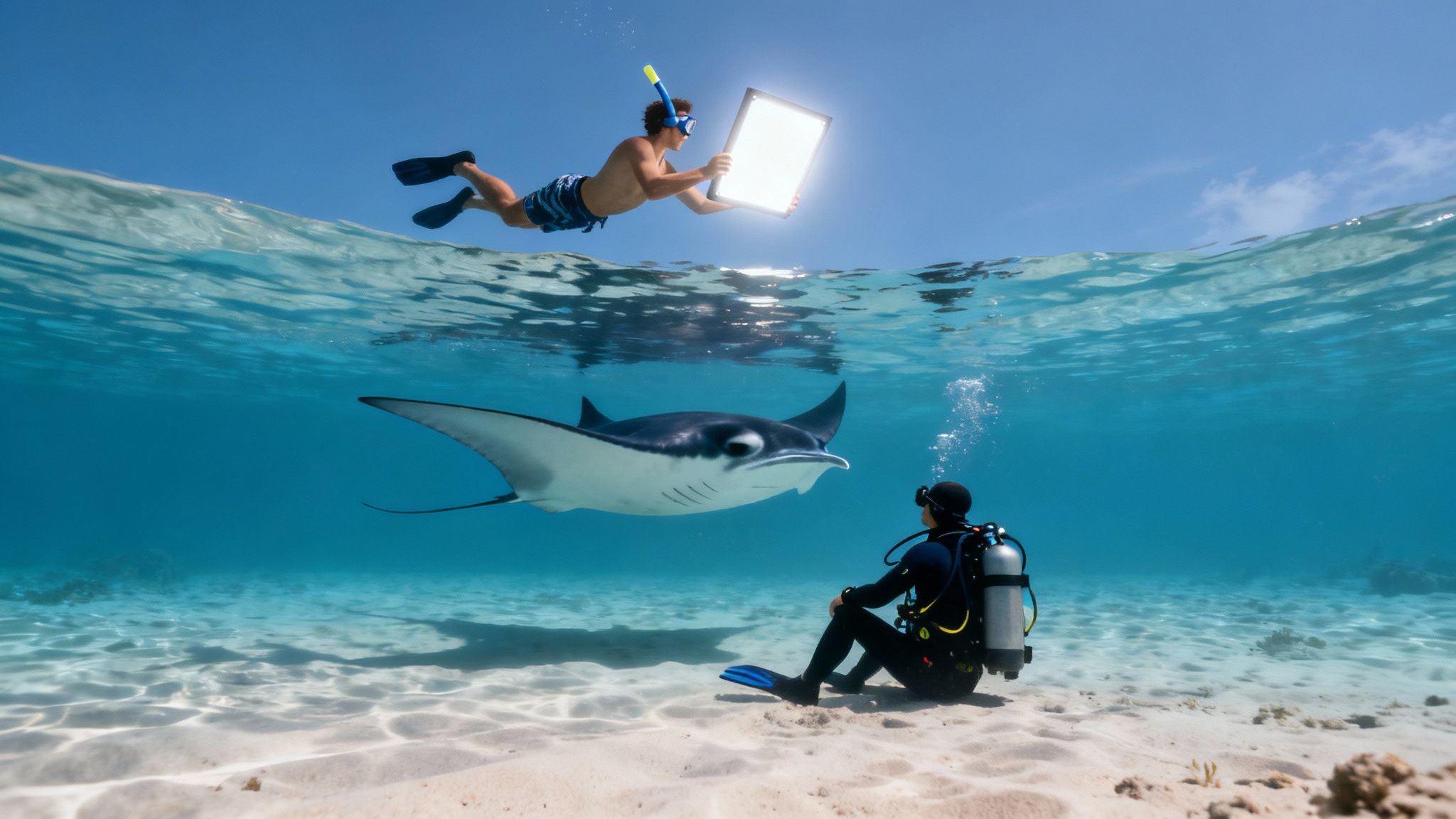 Snorkelers watching manta rays feed at the surface at night in Kona