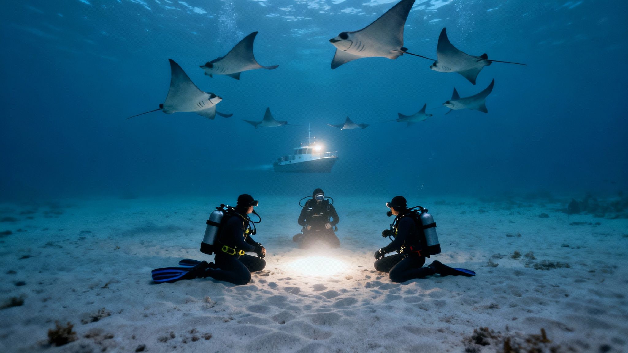 Divers underwater at night, watching a large manta ray swim above them.
