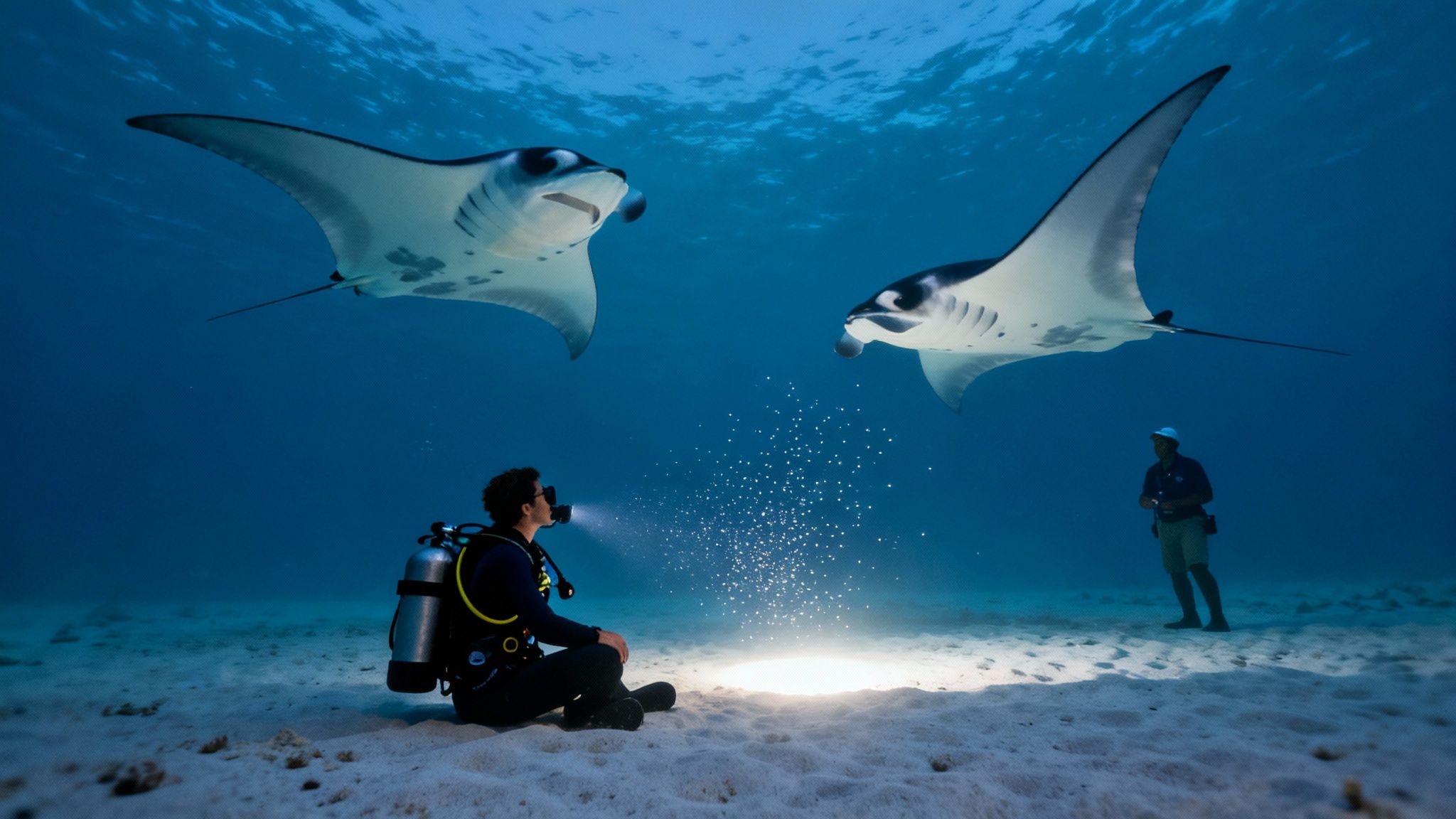 Divers illuminate the ocean floor, attracting two manta rays during an underwater night encounter.
