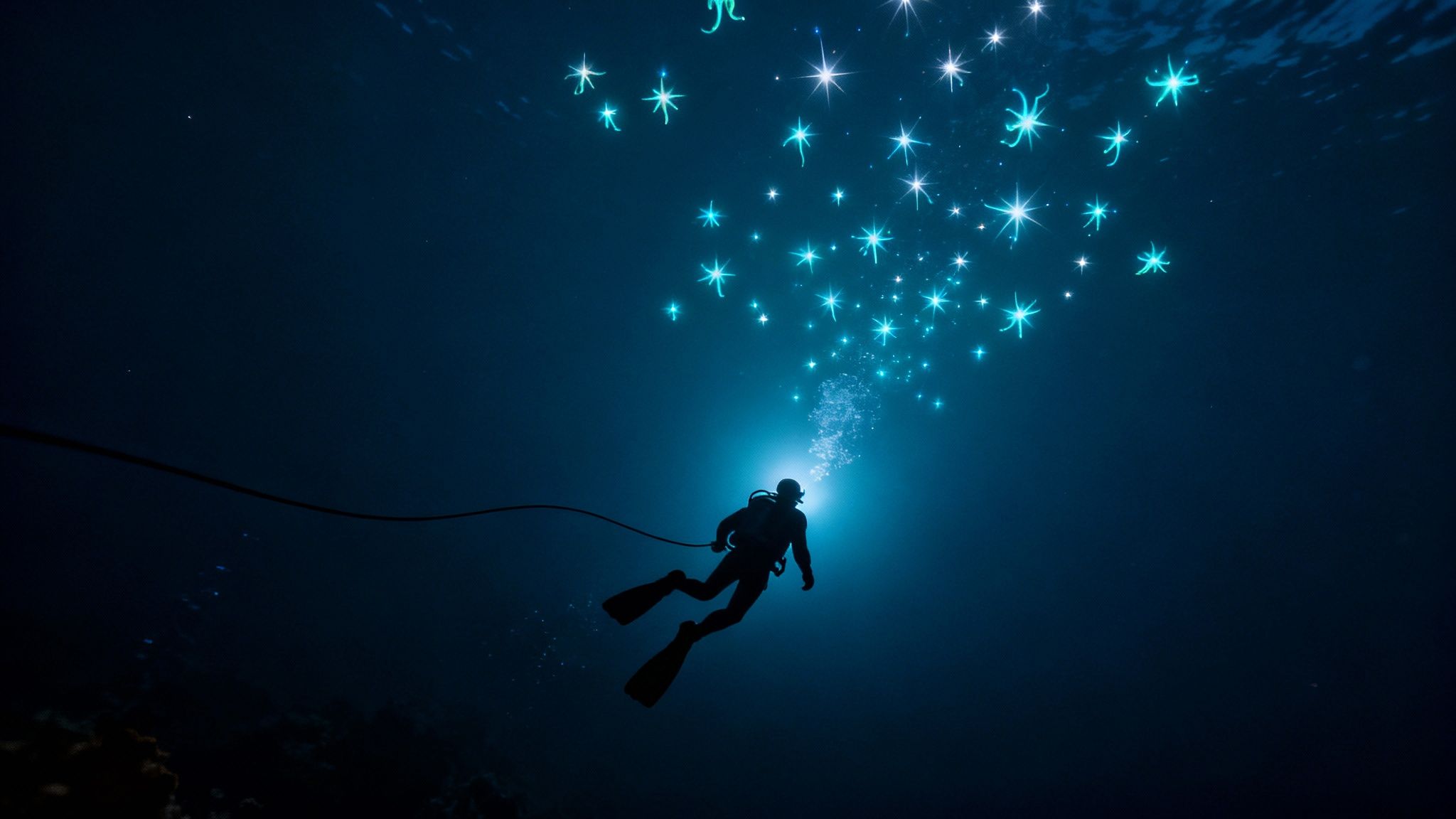 A diver explores the deep, dark ocean during a blackwater dive in Kona, with small, glowing creatures floating around.