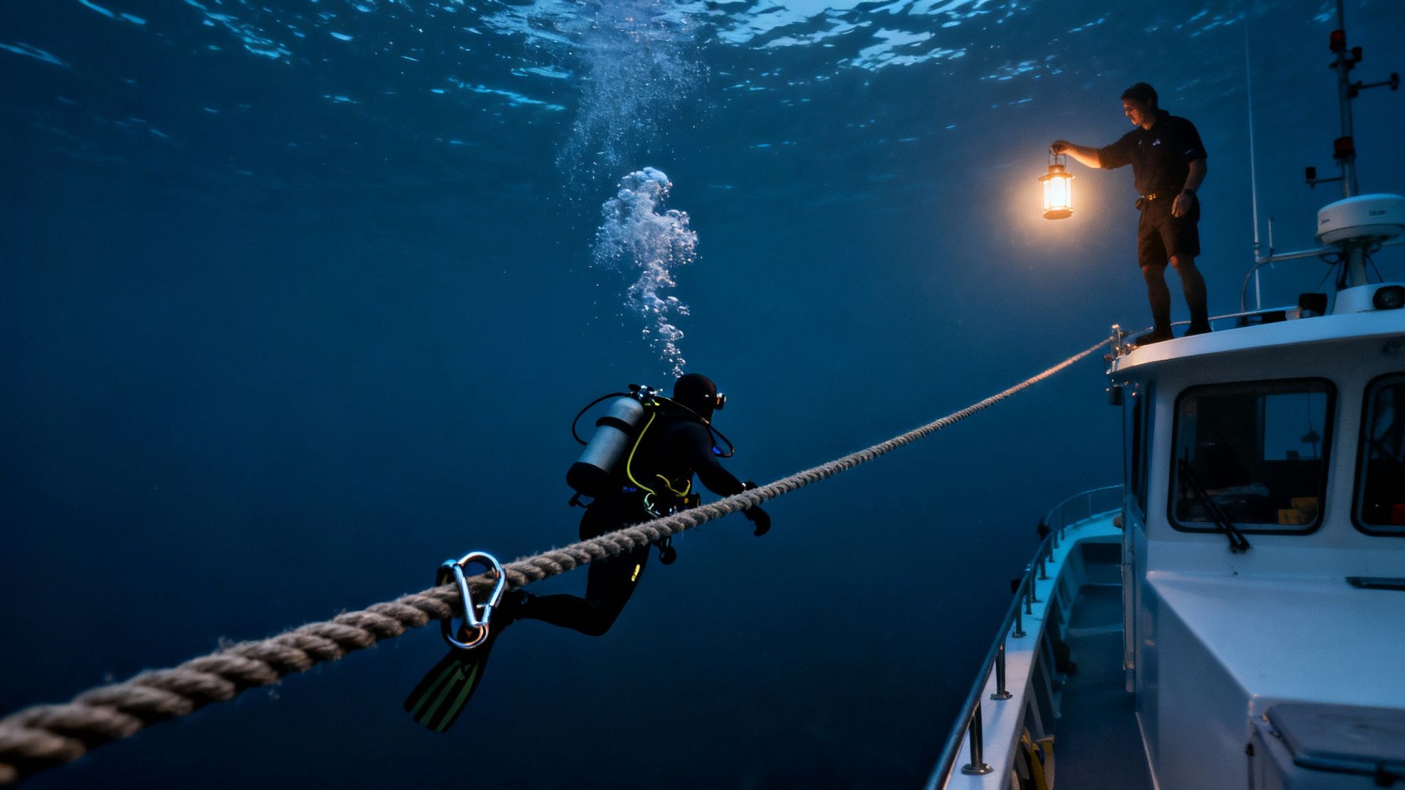 Diver in dark water connected to a boat by a rope, lit by a lantern.
