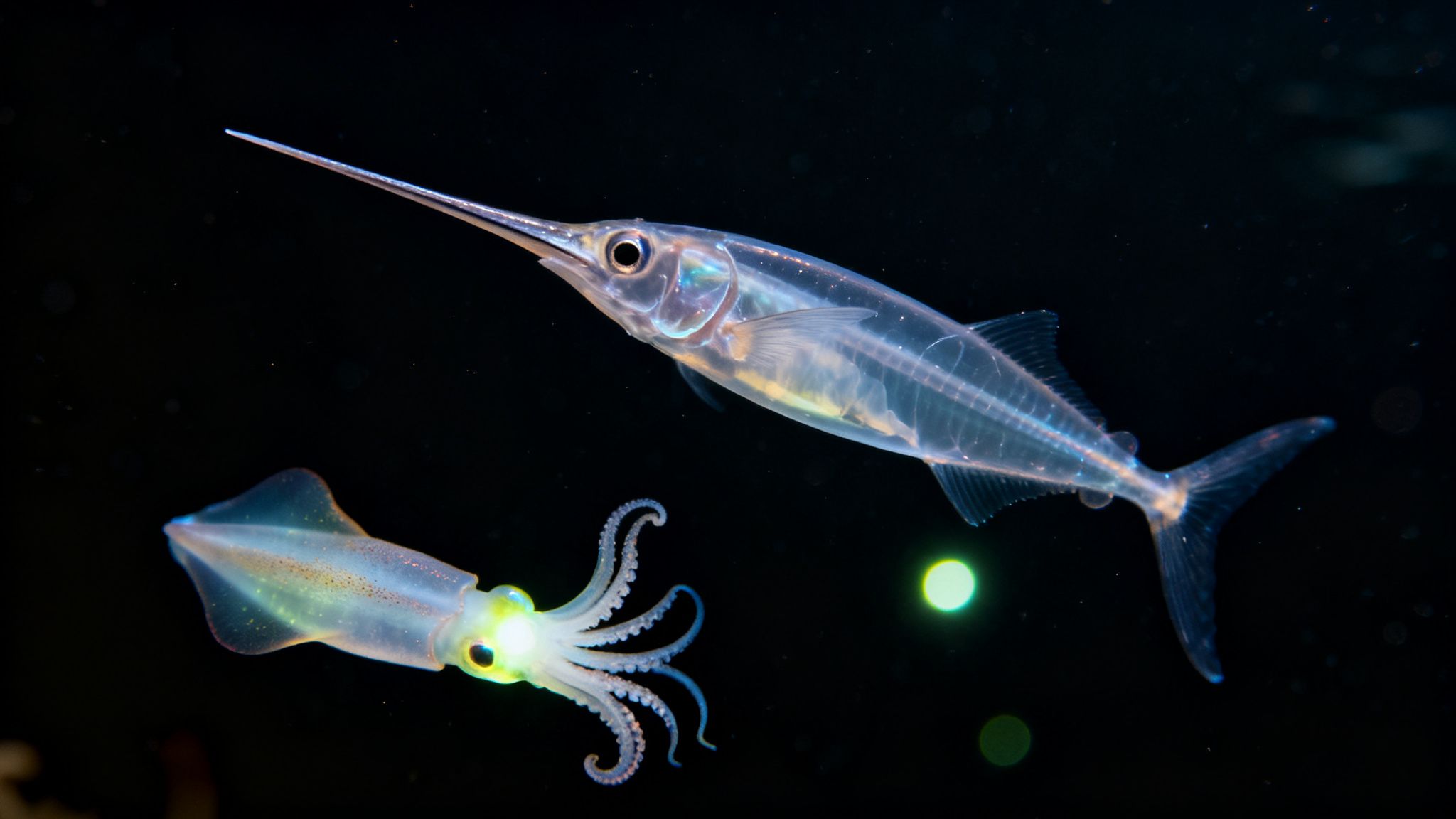 Two translucent marine creatures, a fish and a squid, glow against a dark ocean background.