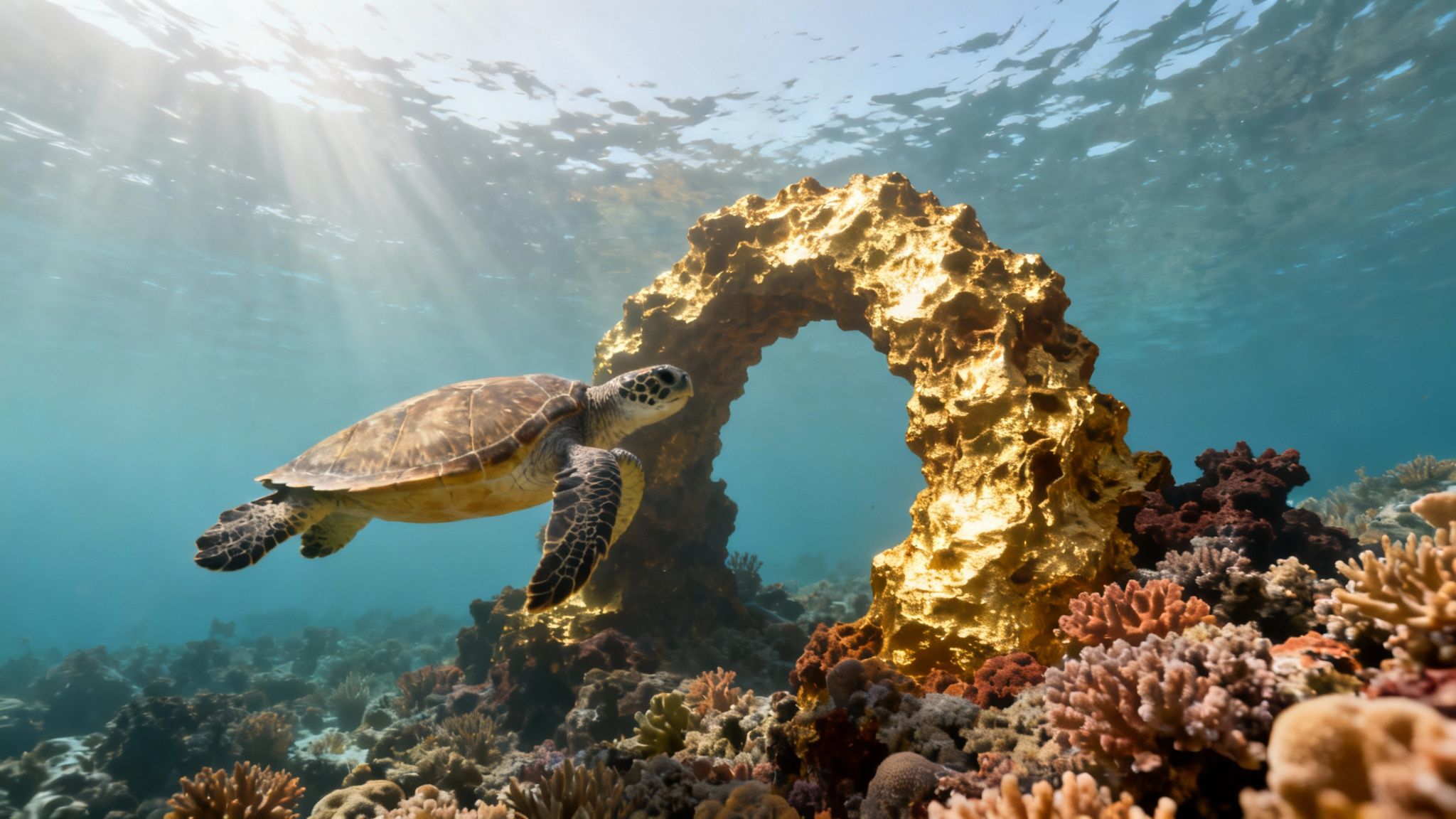 Several scuba divers exploring a vibrant coral reef on the Big Island.