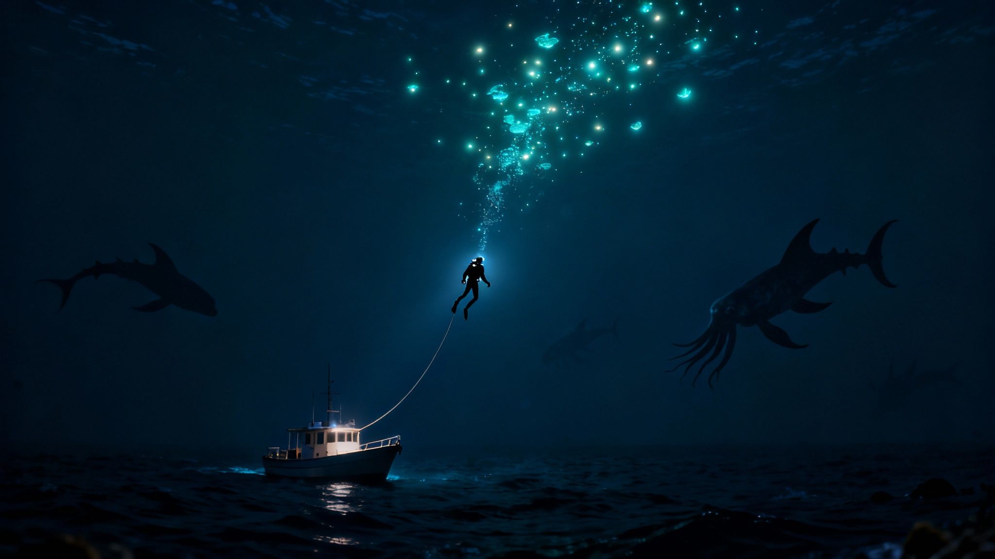 A lone diver connected to a boat explores the deep, dark ocean with mysterious glowing creatures and large sea monsters.