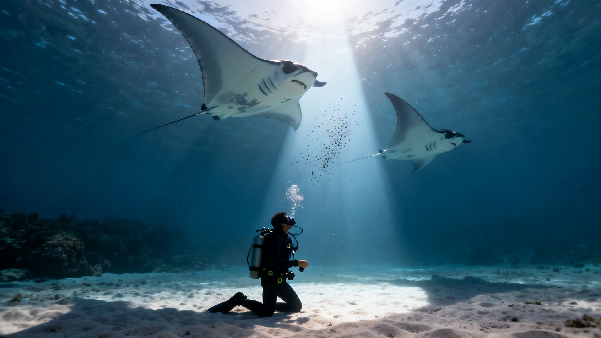 Scuba diver observes two majestic manta rays swimming in sunlit clear blue ocean water.