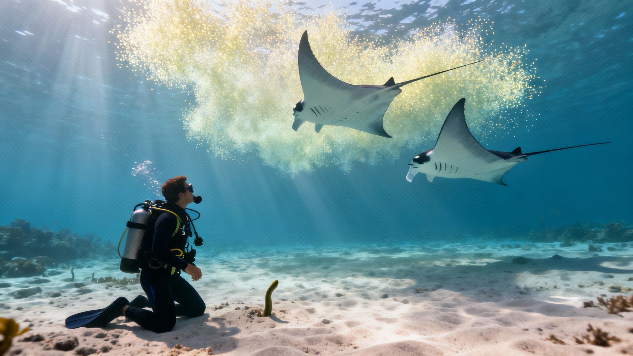A scuba diver kneels on the sandy ocean floor, observing two majestic manta rays feeding near the surface.