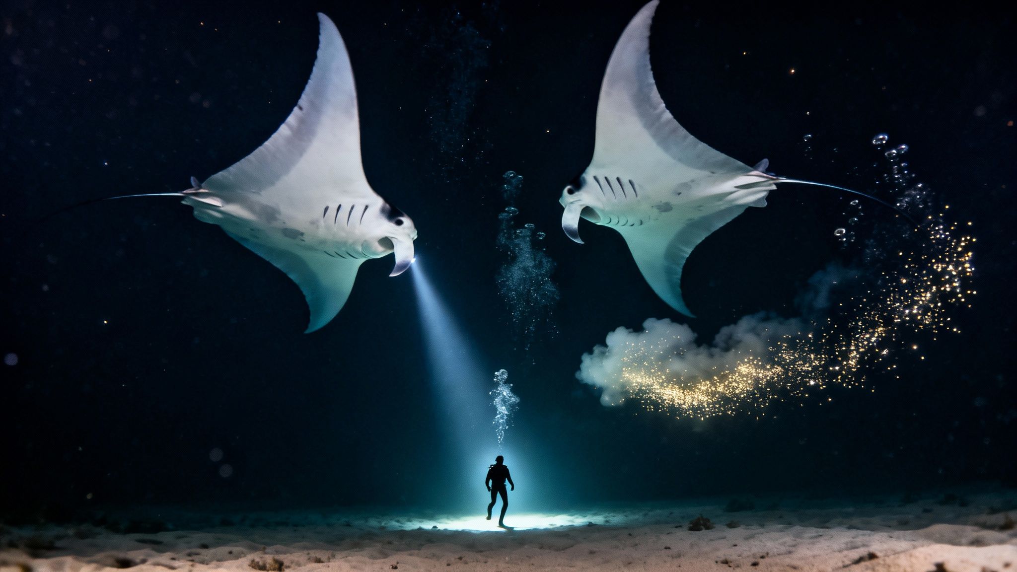 A diver on the seabed at night, illuminated, observes two majestic manta rays above amidst glowing particles.