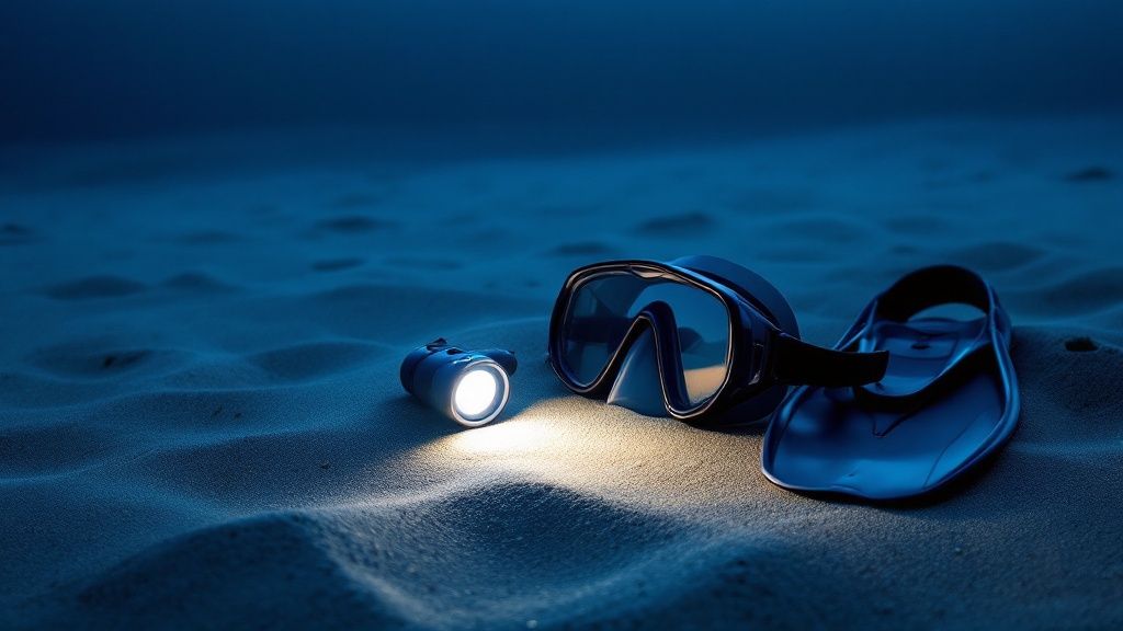 Divers getting ready for a manta ray night dive with their operator's boat in the background.