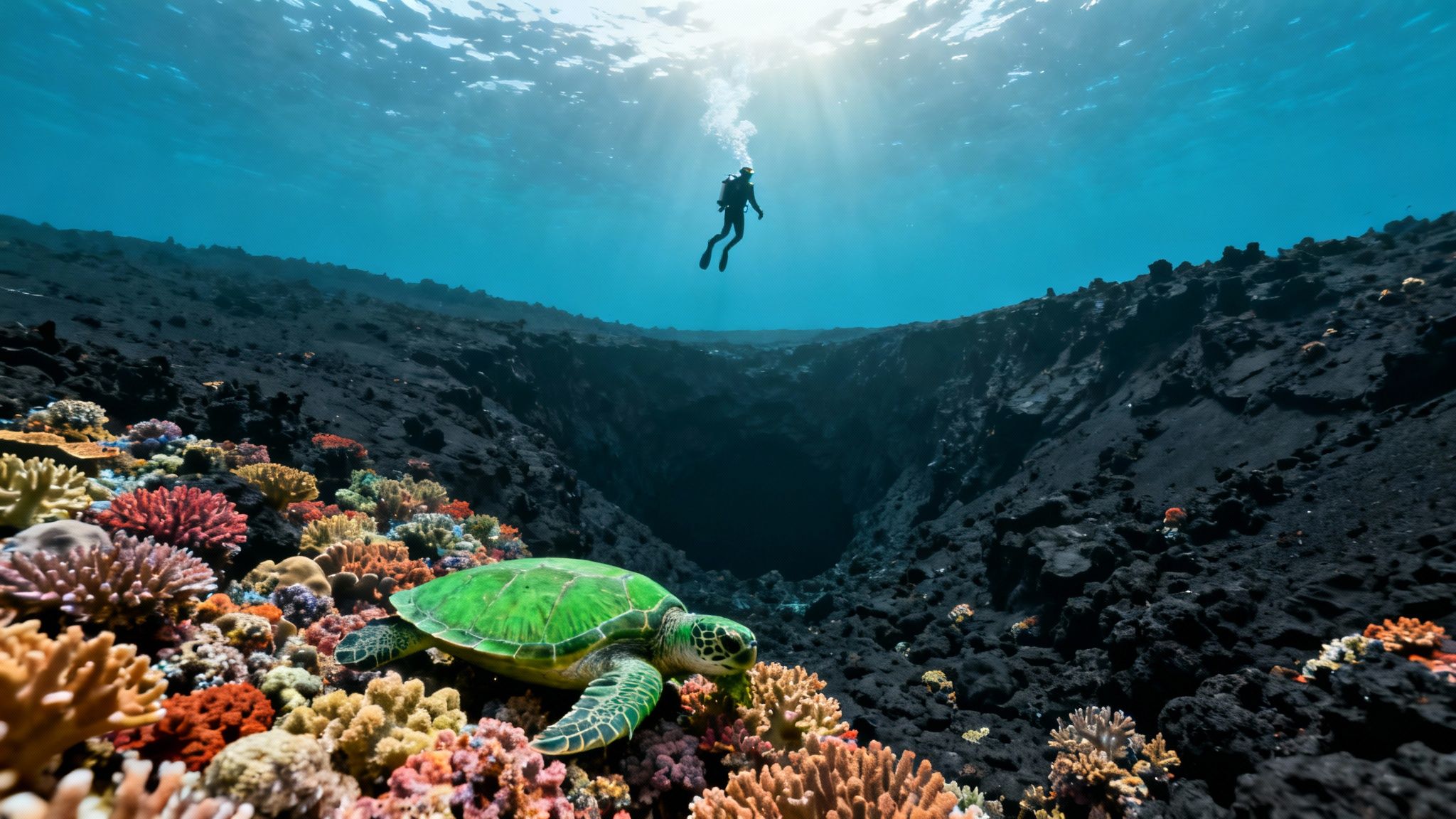 Underwater landscape showing coral reefs and lava formations