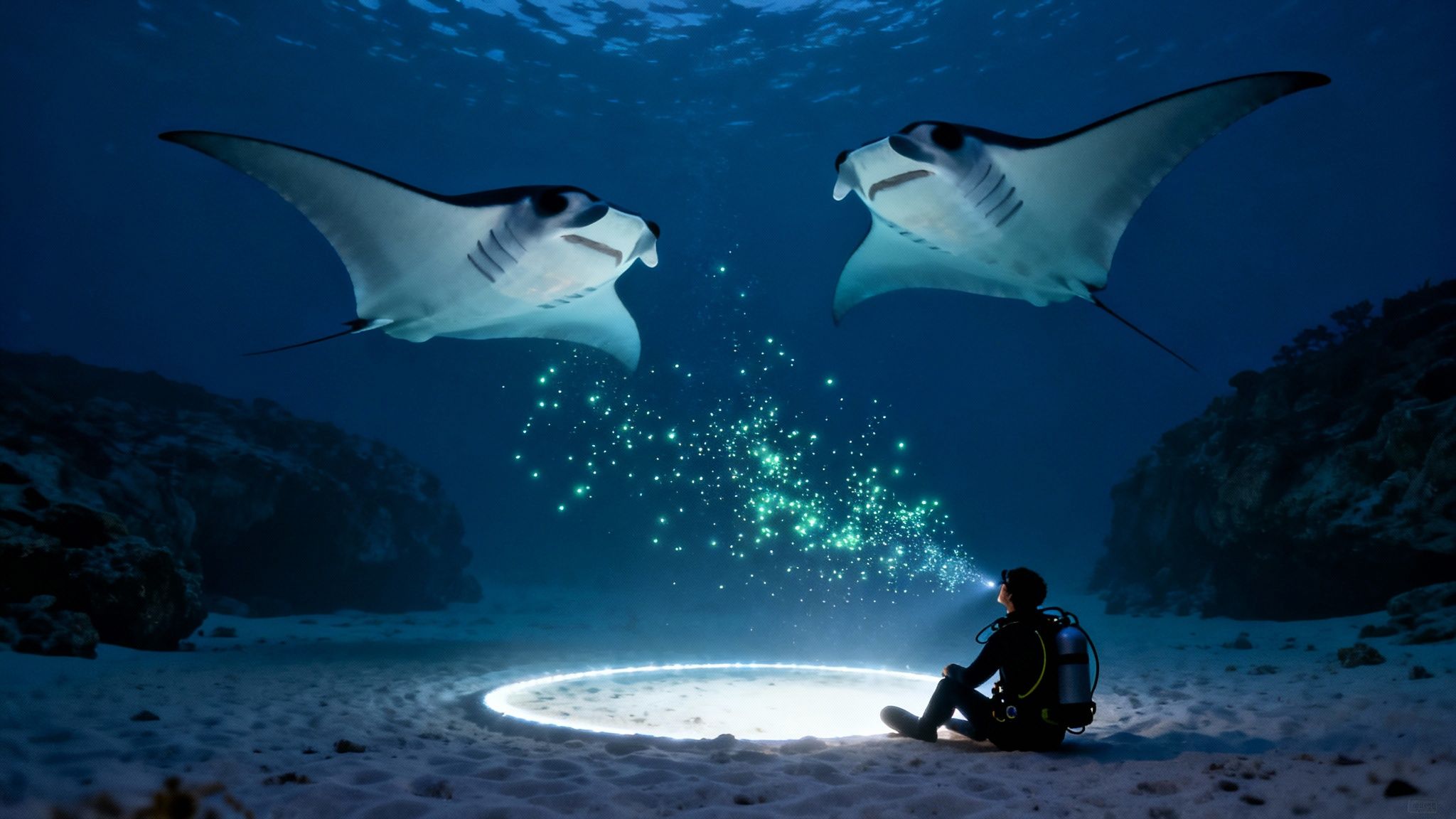 A diver sits on the sandy ocean floor, illuminating glowing particles, as two manta rays swim above.