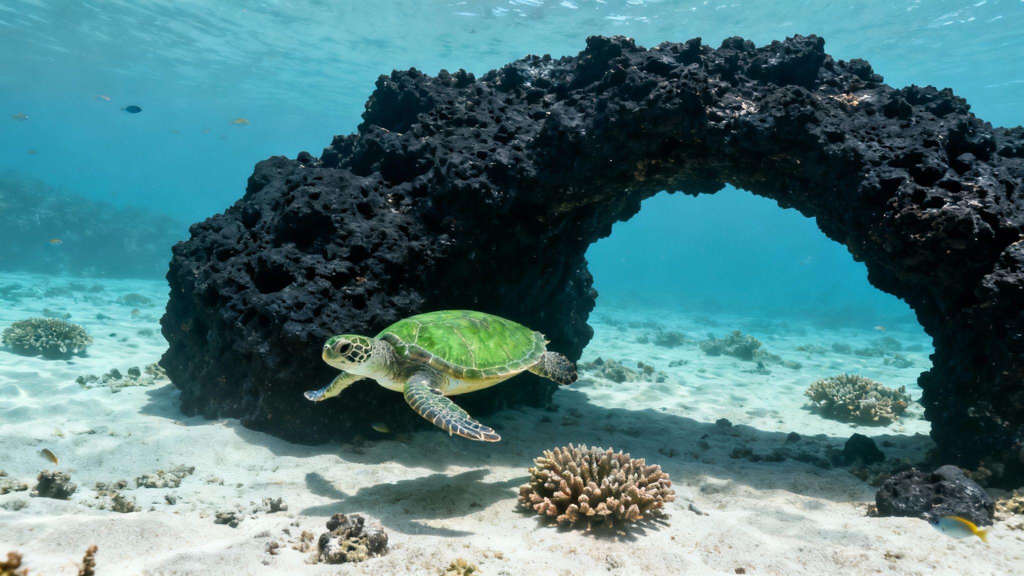 A vibrant green sea turtle swims past a dark archway coral in clear blue water.