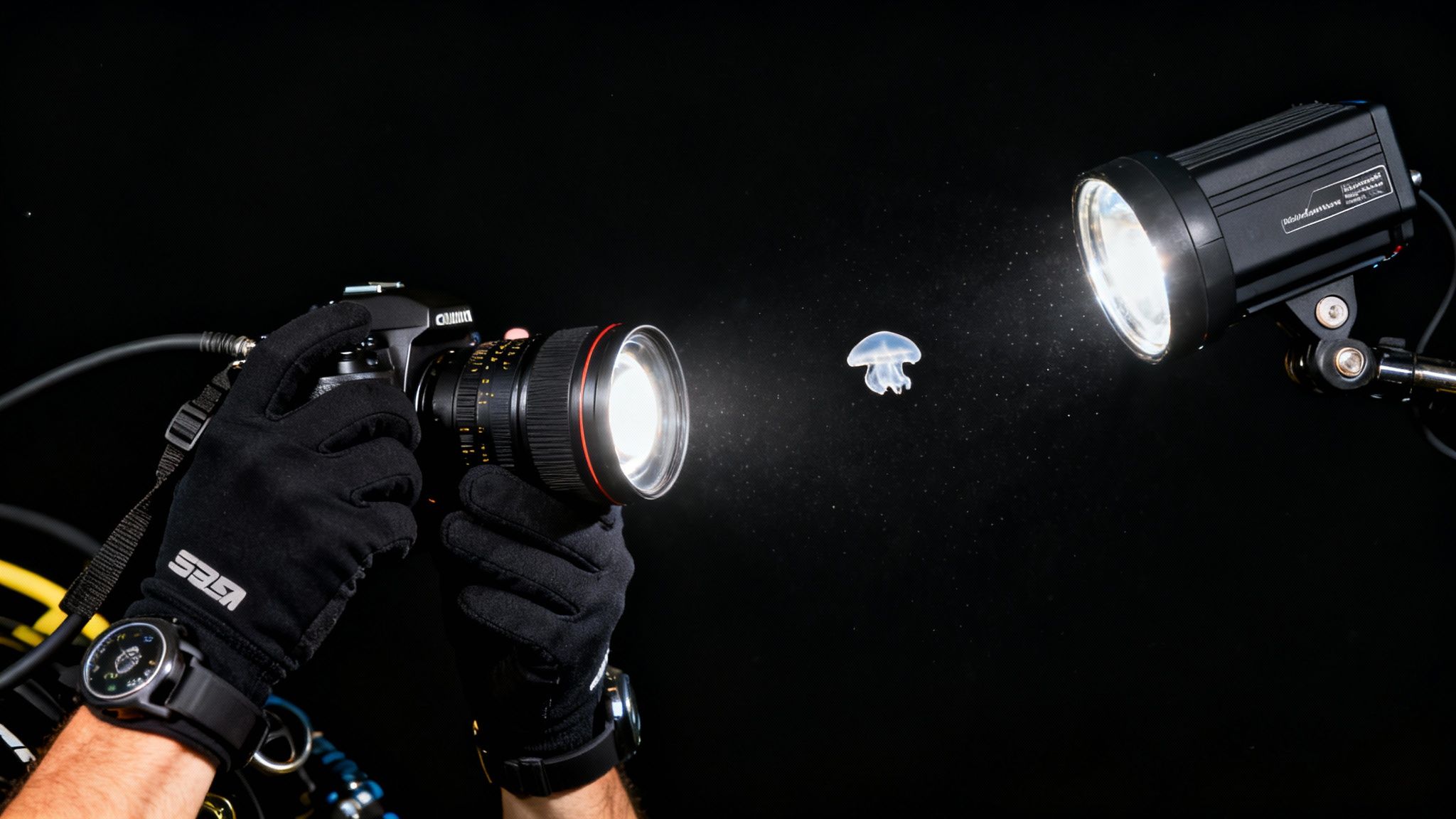 A diver's gloved hands hold an underwater camera, lighting a jellyfish in dark water.