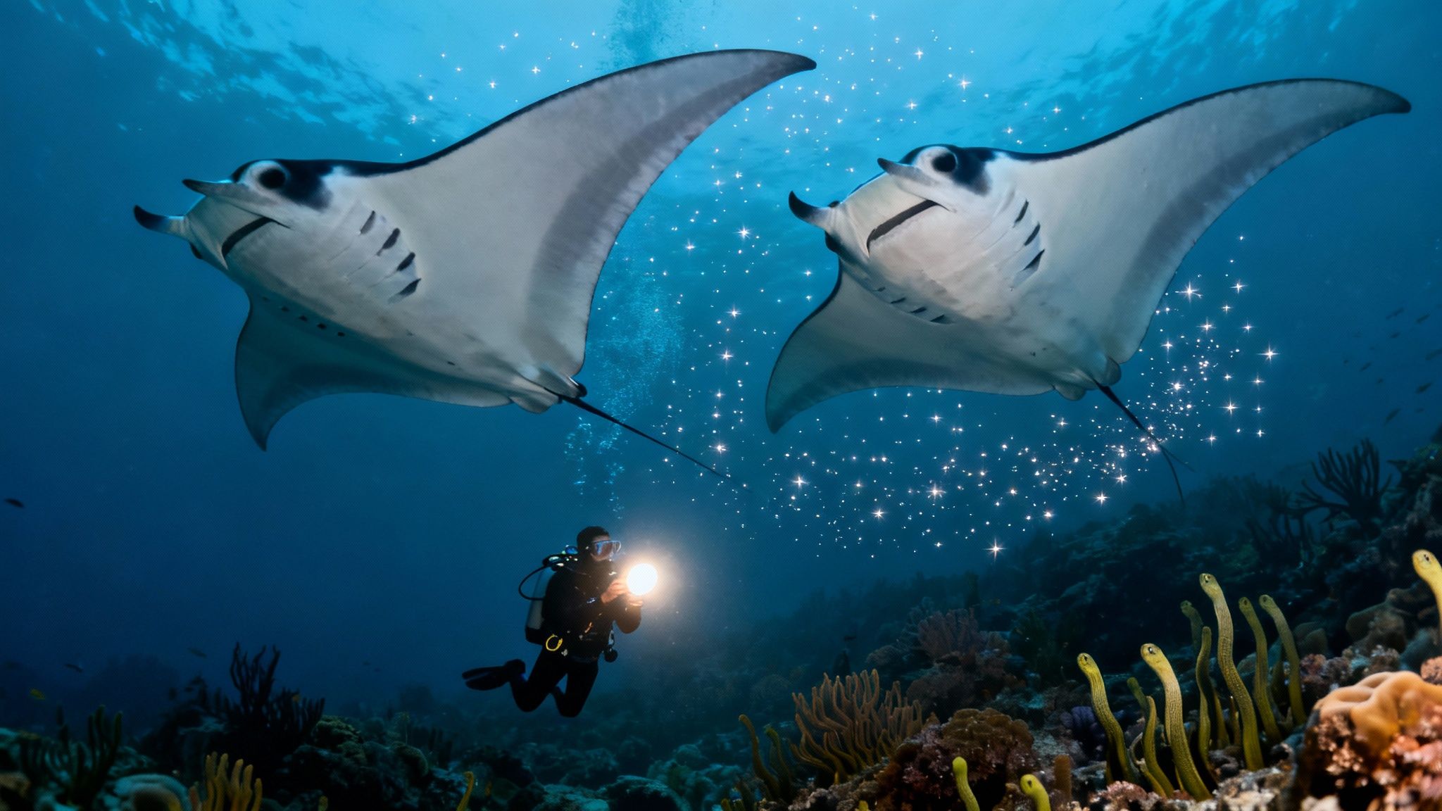 A diver with a flashlight encounters two large manta rays swimming above a vibrant coral reef.