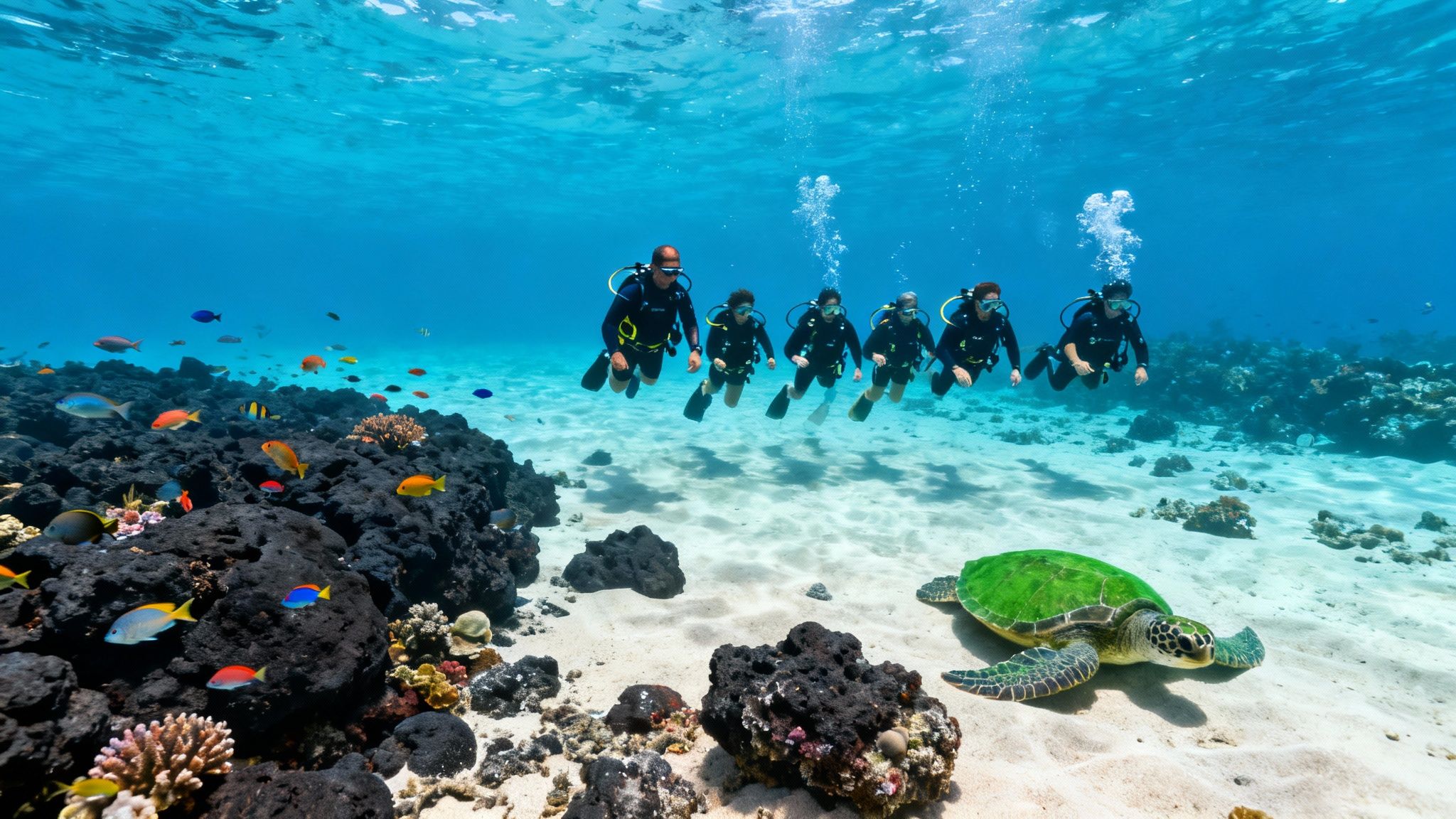 Five scuba divers explore a vibrant coral reef with a green sea turtle and colorful fish.