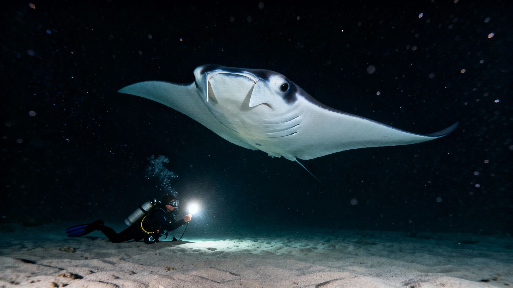 A scuba diver shines a light on a majestic manta ray swimming in dark ocean water.