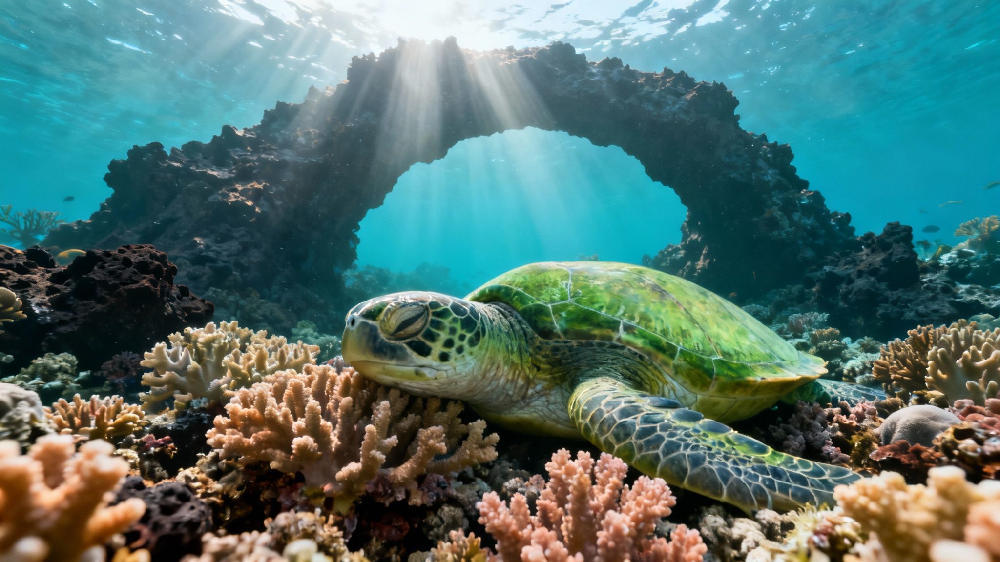 A majestic green sea turtle rests peacefully on a vibrant coral reef, bathed in sunlit ocean rays.