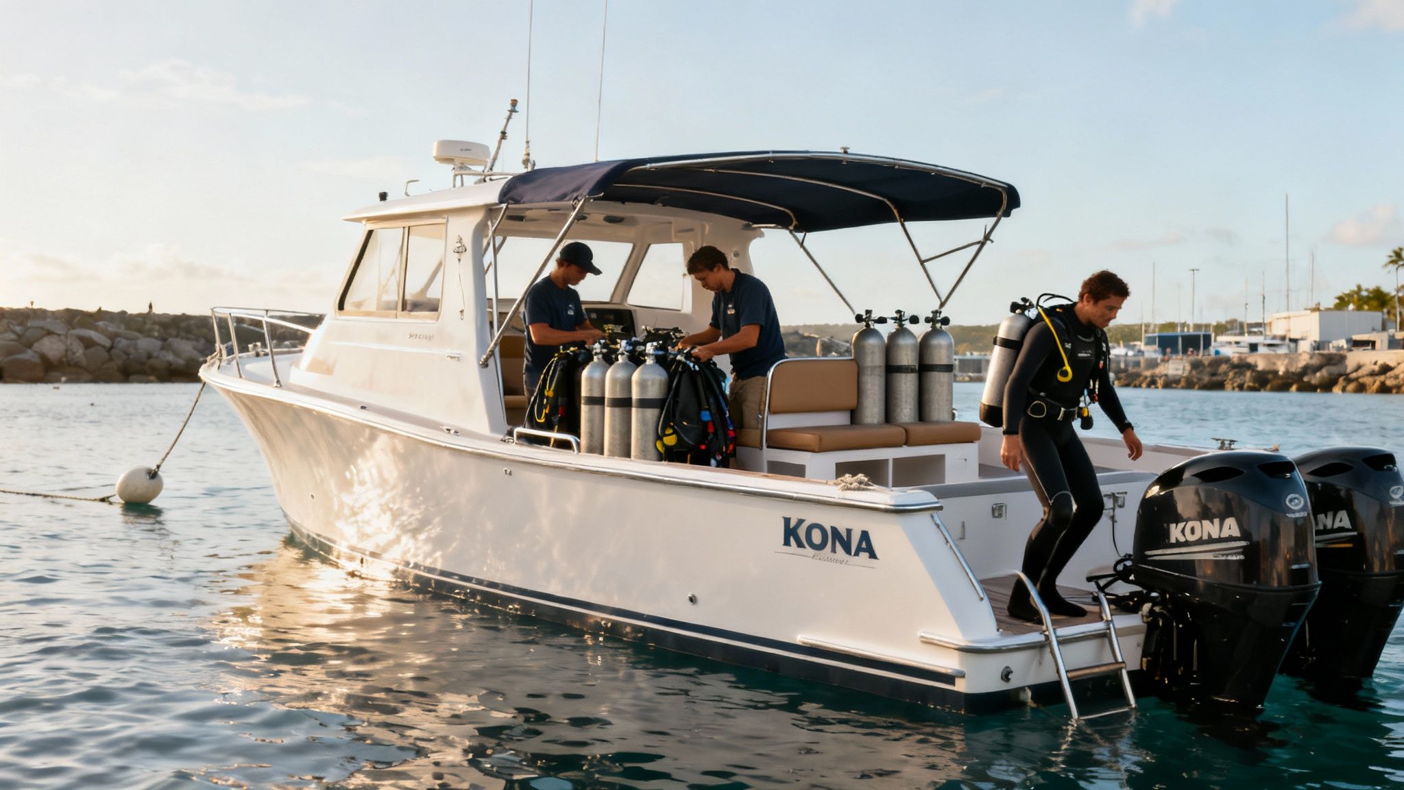 Scuba divers preparing gear on a KONA boat, with one diver entering the clear ocean water.