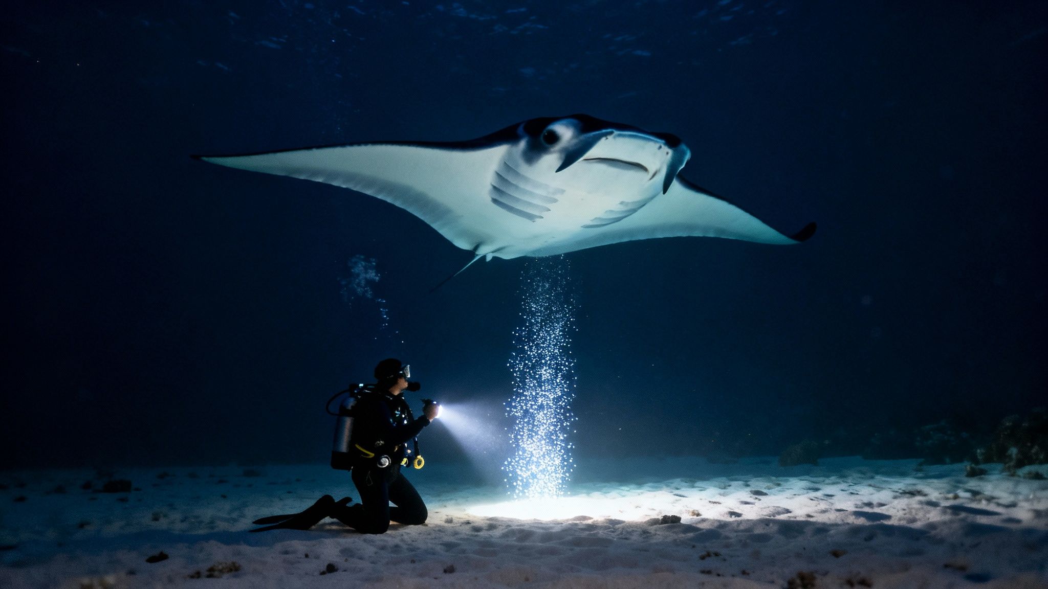 A scuba diver kneels on the sandy seabed, shining a light upwards at a majestic manta ray swimming overhead at night.