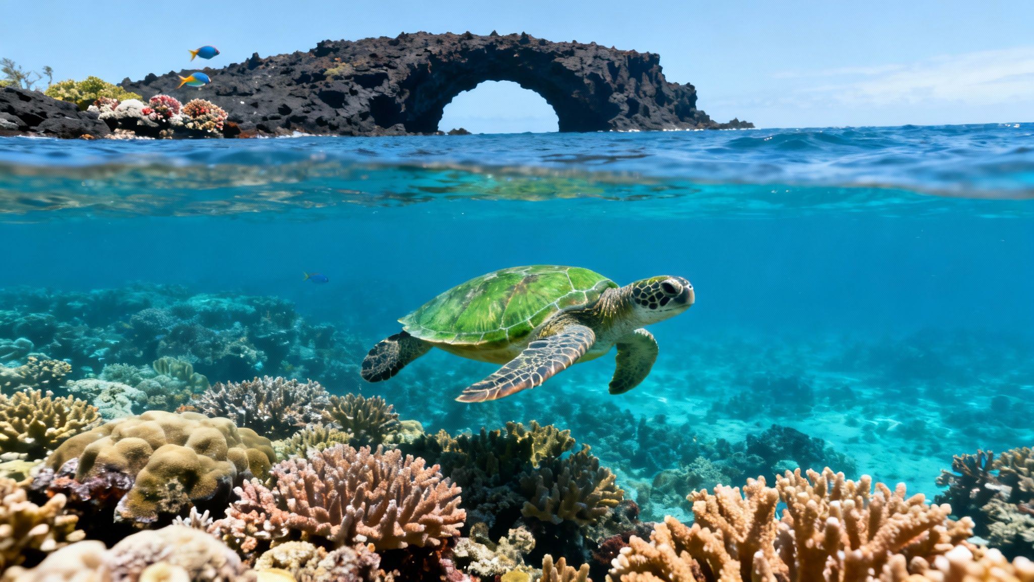 A breathtaking split view showing a green sea turtle swimming over coral and a rocky arch island.