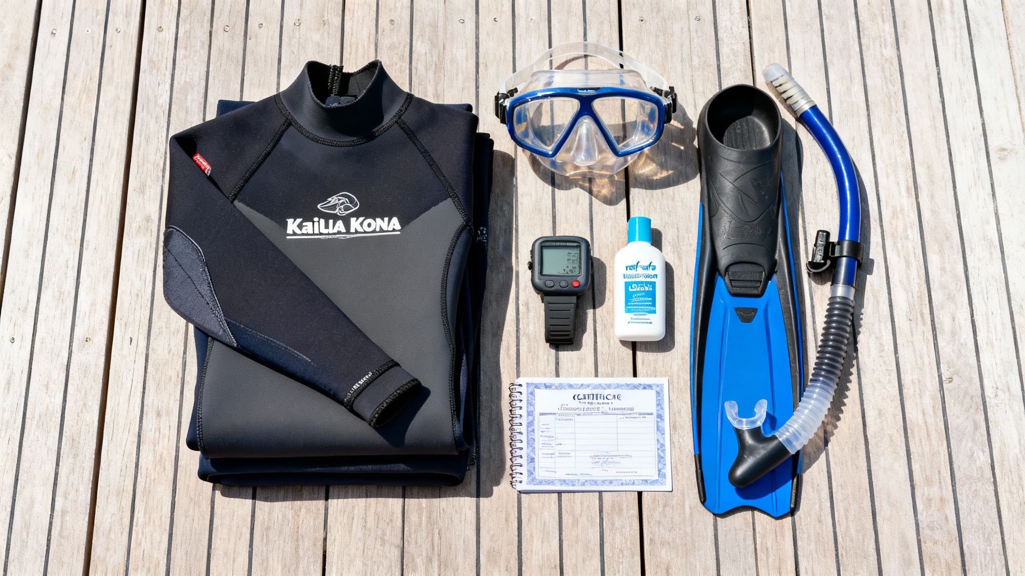 A complete set of scuba diving gear including a wetsuit, mask, snorkel, fin, dive computer, and sunscreen, arranged on a wooden deck.