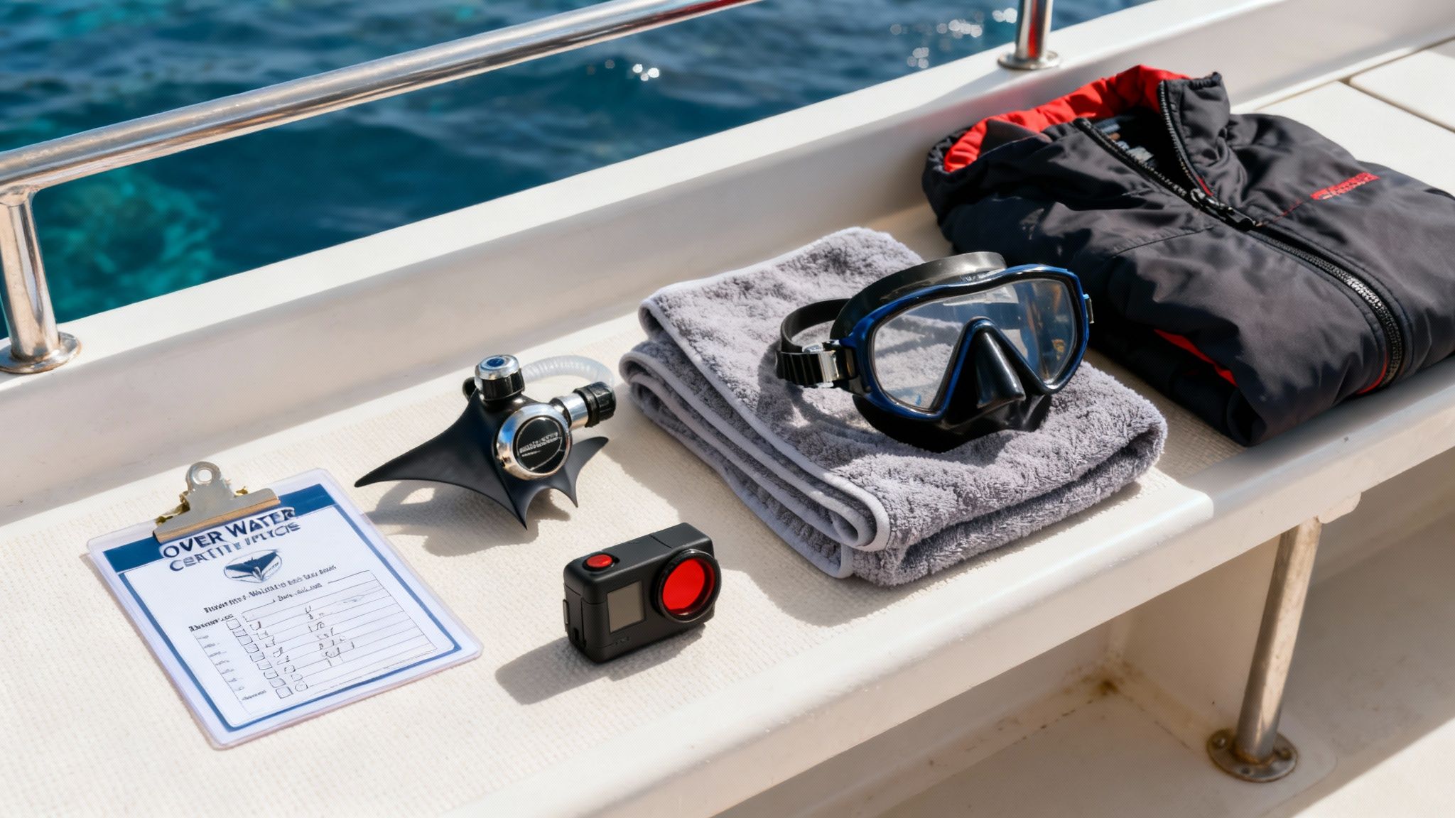Diving equipment, including a mask, regulator, action camera, and clipboard, laid out on a boat deck.