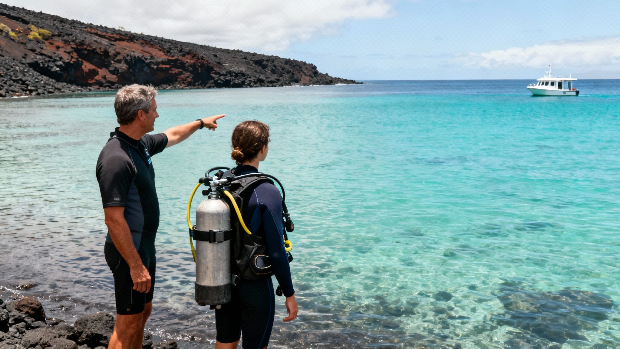 Two divers on a rocky shore, with a man pointing towards a boat on turquoise water.