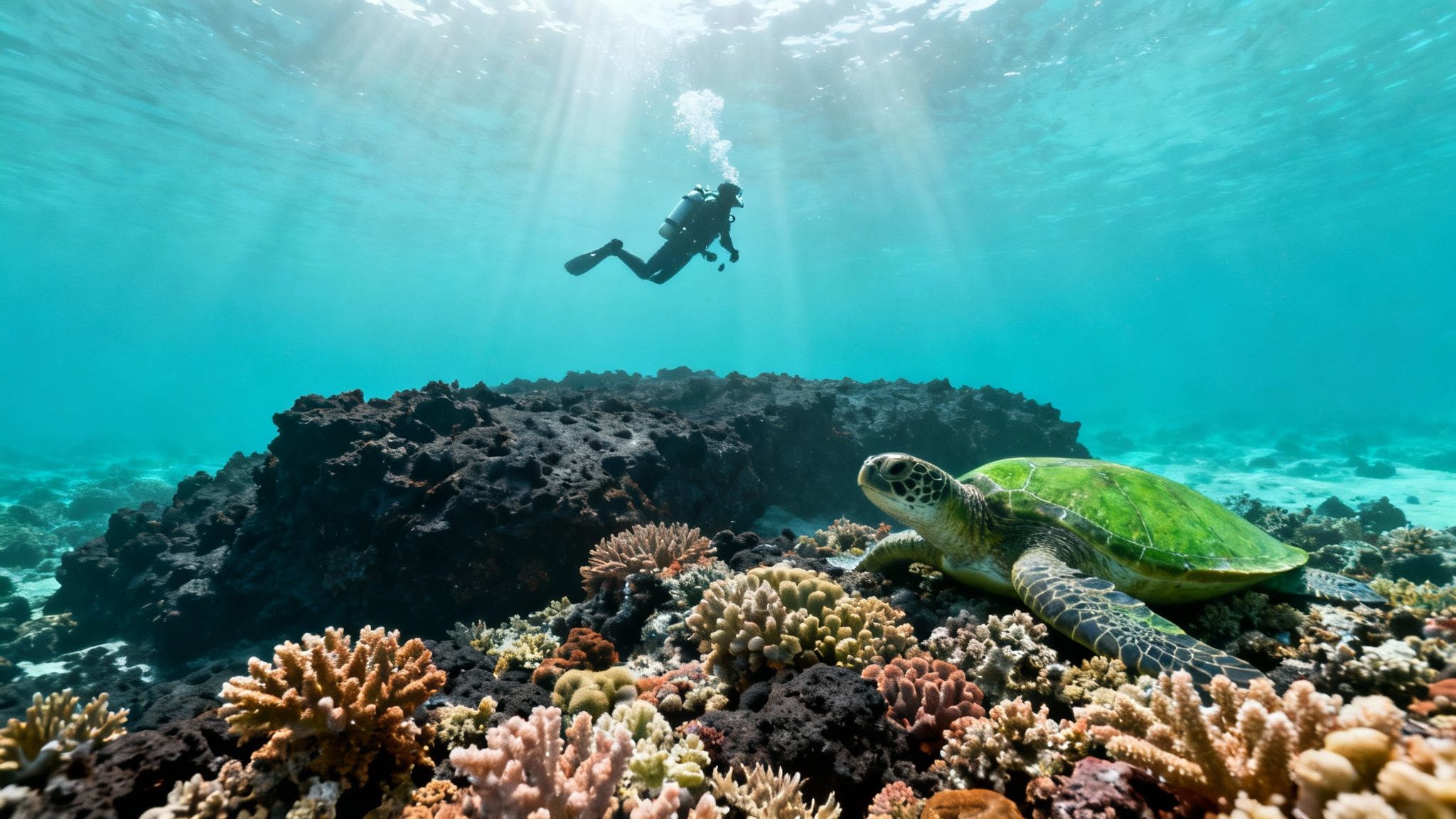Underwater scene with a scuba diver, a green sea turtle, and diverse coral.
