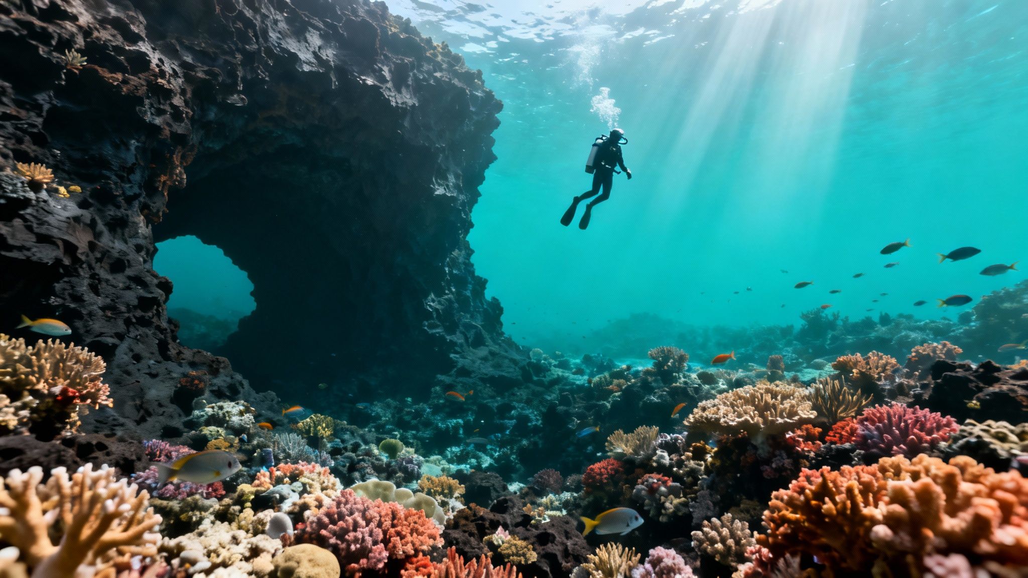 A diver explores a vibrant coral reef and rock cave with sun rays penetrating the clear blue water.