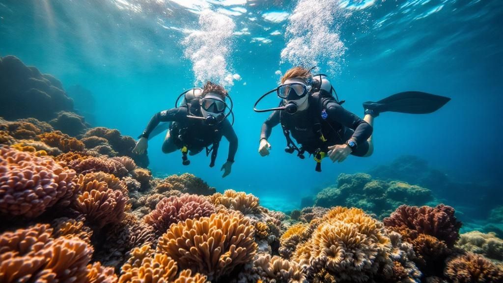 A group of scuba divers exploring a vibrant coral reef on the Big Island of Hawaii.