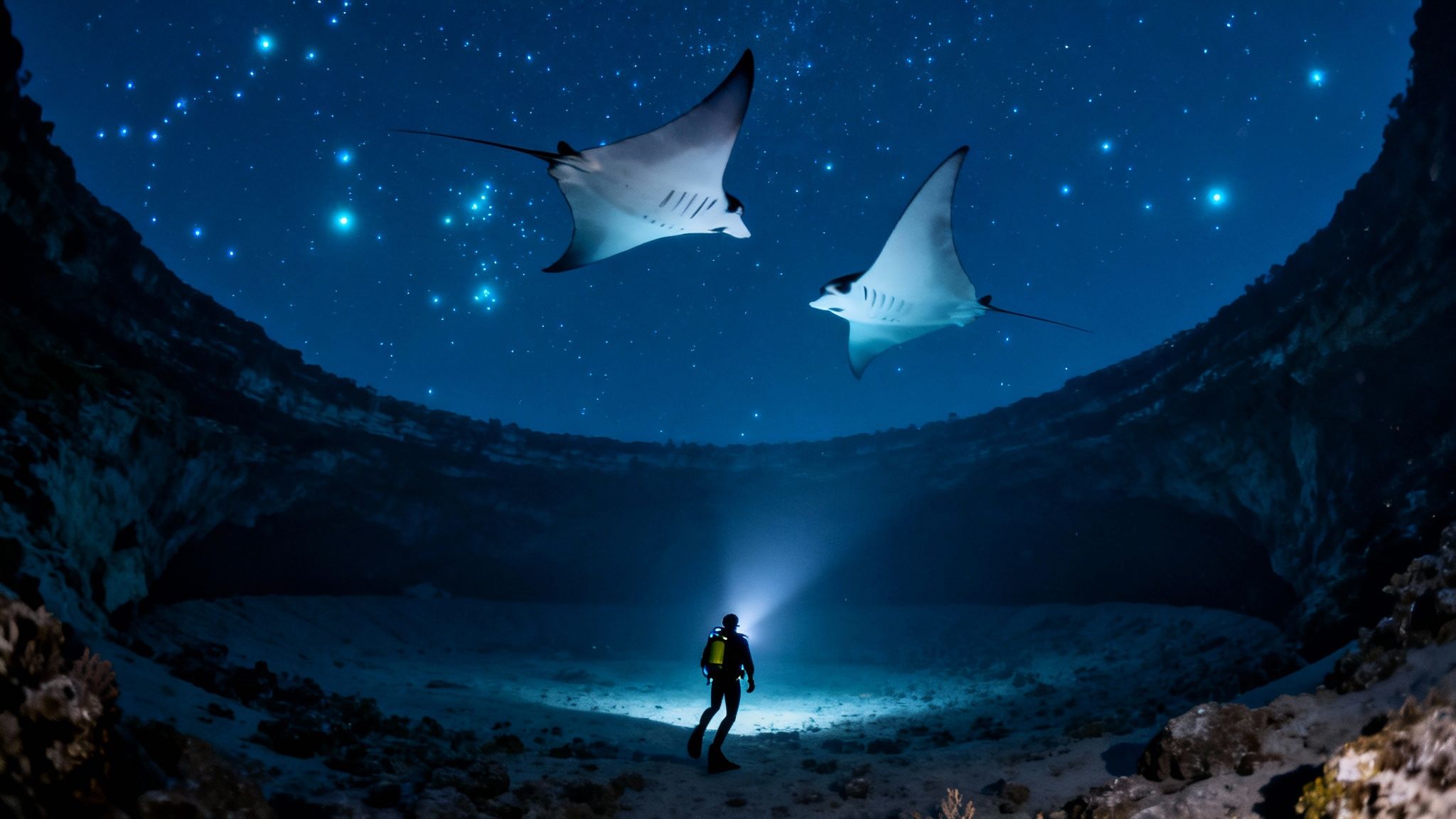 A diver illuminates a dark underwater grotto, with two majestic manta rays gracefully swimming above under a starry ceiling.