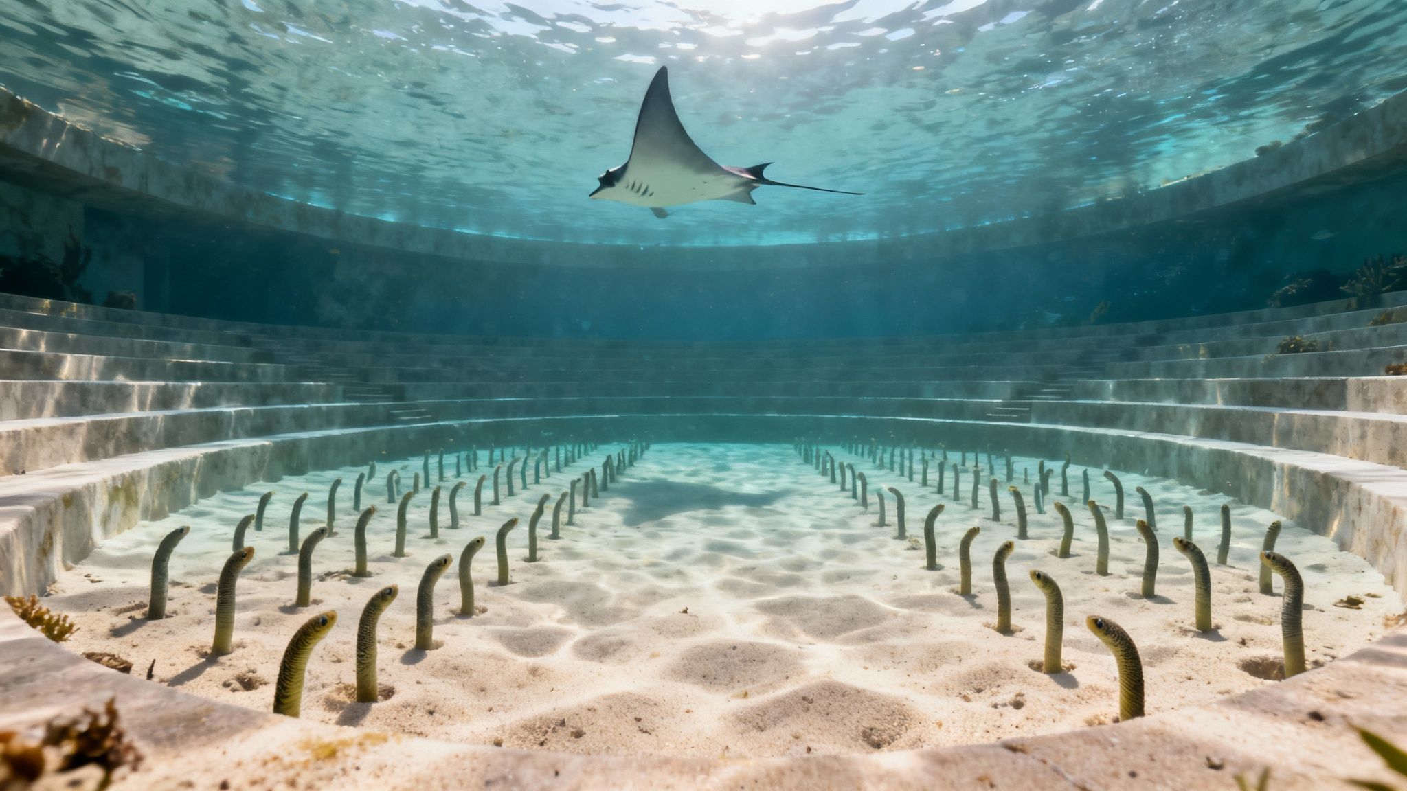 Manta ray gliding over underwater garden installation with vertical structures on sandy ocean floor