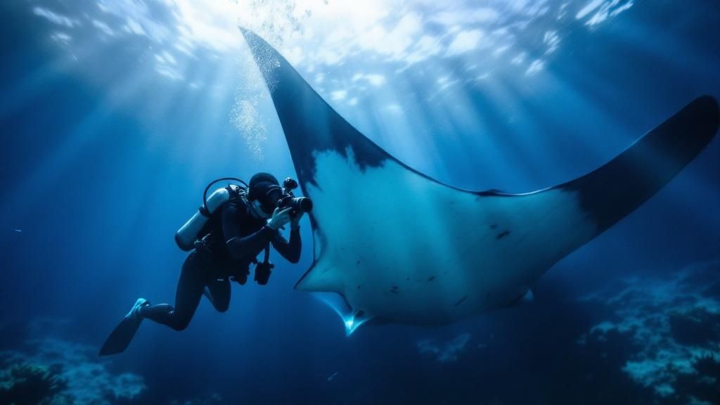 A manta ray glides through the clear blue waters of Kona.