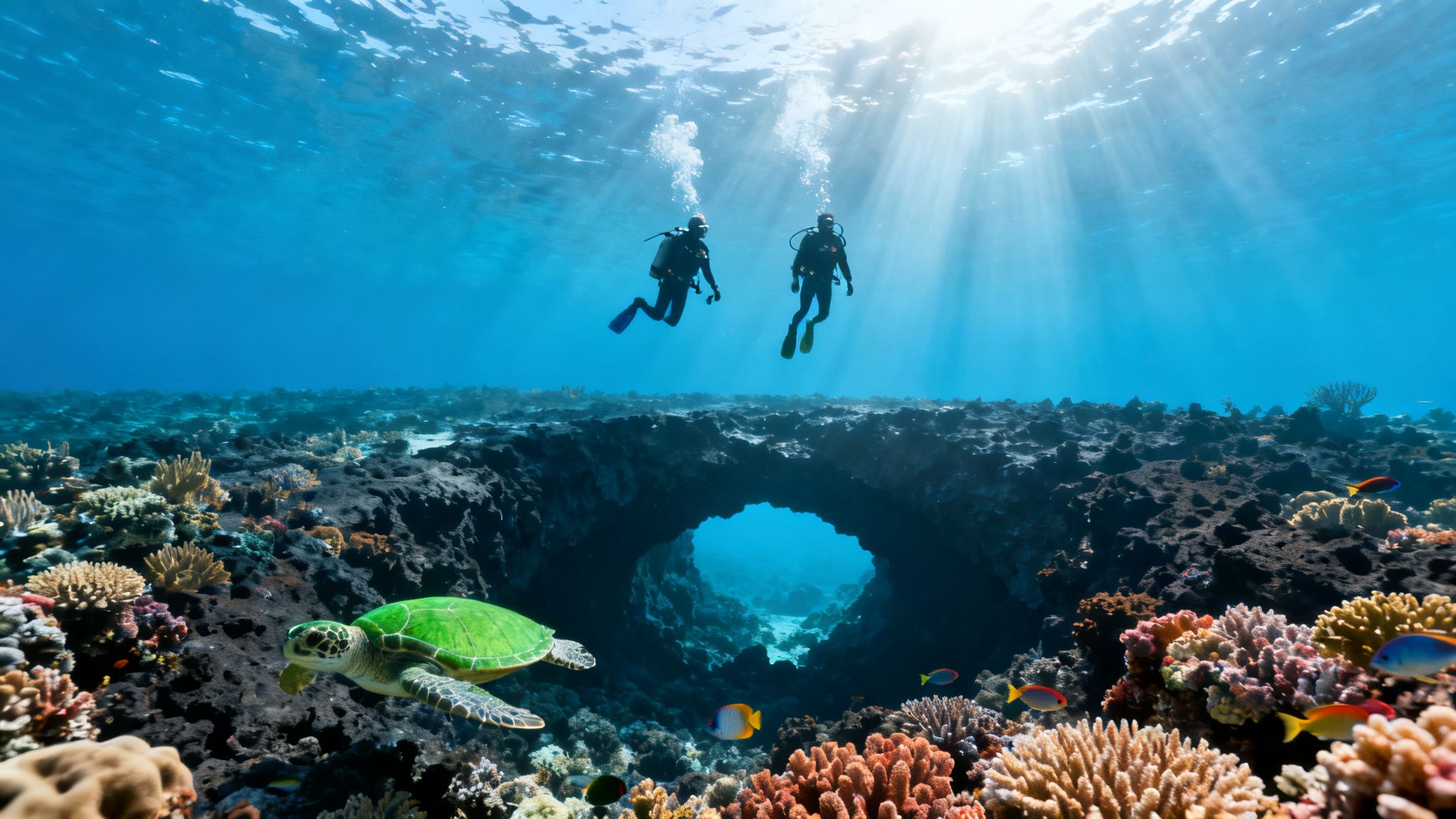 Underwater view of two scuba divers exploring a vibrant coral reef with a sea turtle and sun rays.