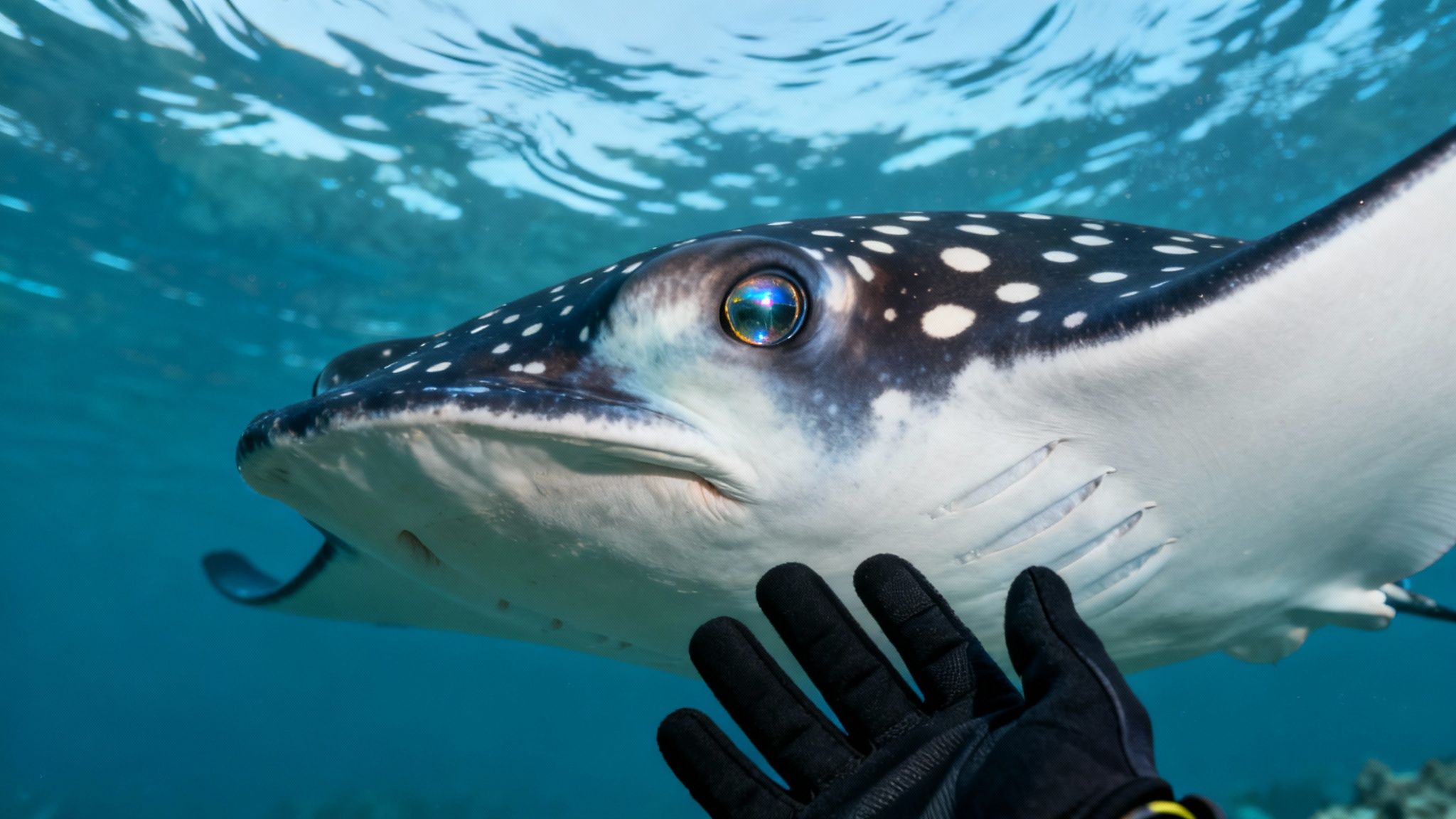 Close-up shot of a manta ray's unique belly spot pattern as it glides overhead.