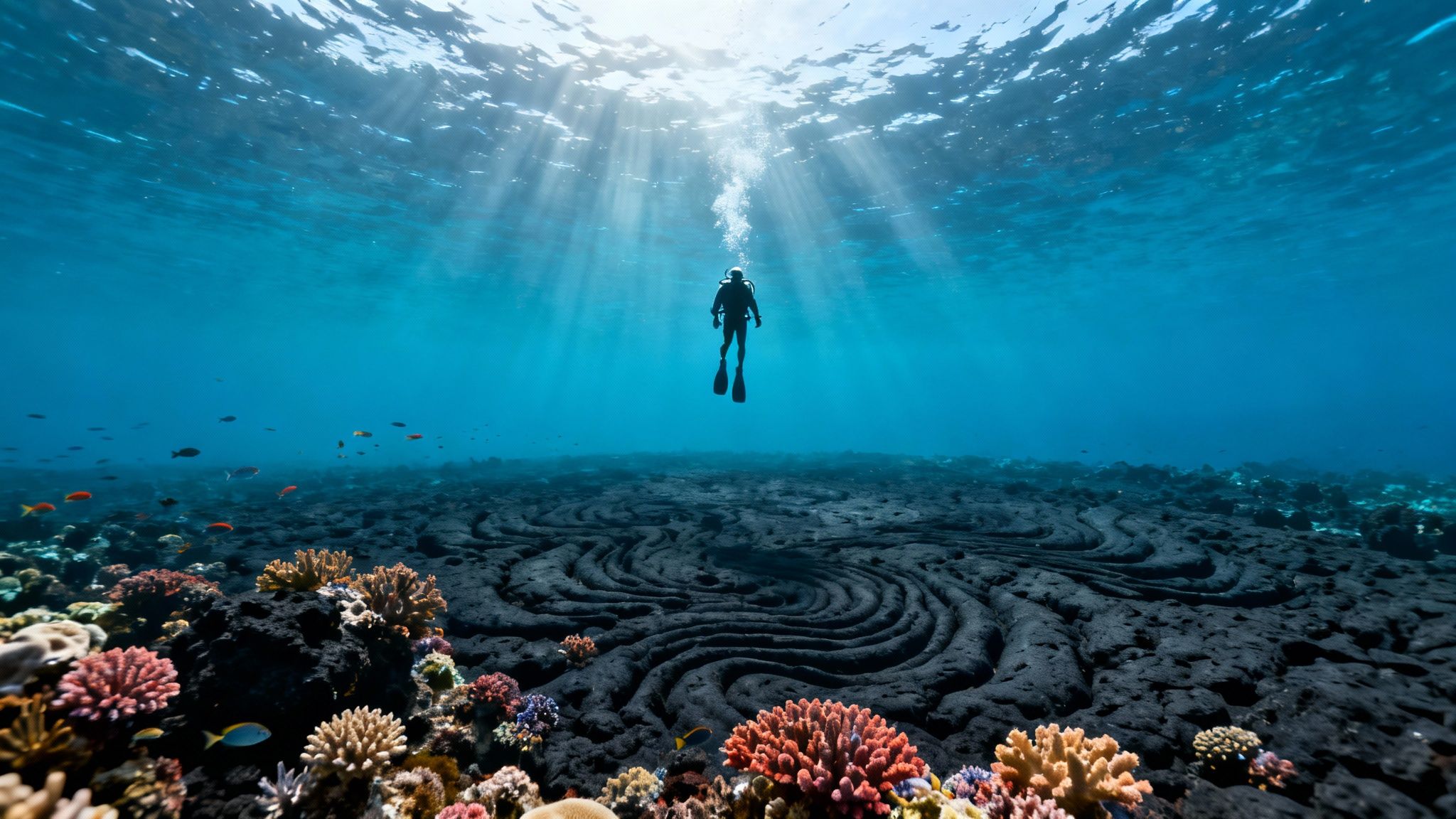 A scuba diver swims next to a large sea turtle near a coral reef on the Big Island.