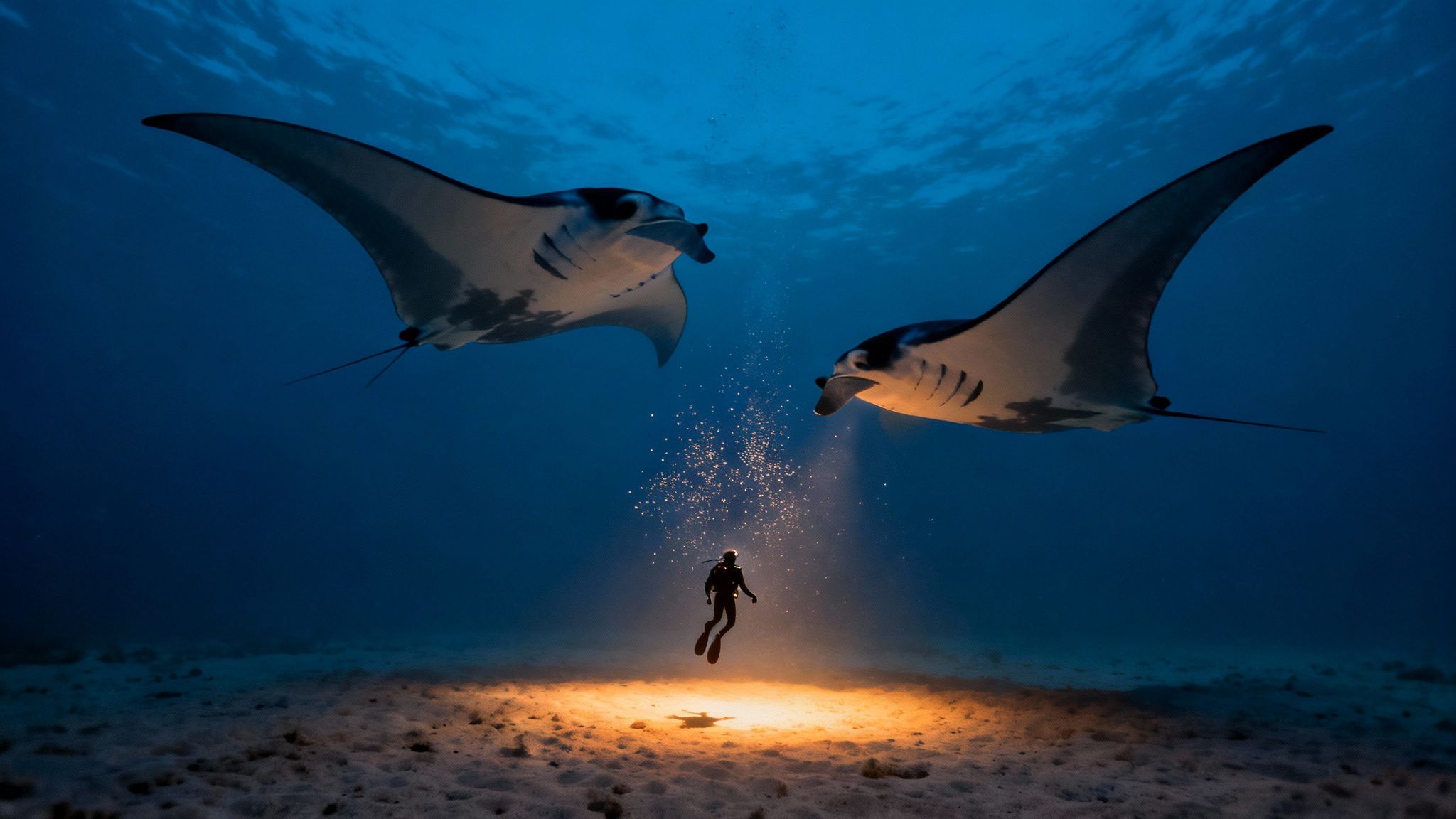 Two majestic manta rays observe a diver illuminated by a golden light underwater at night.