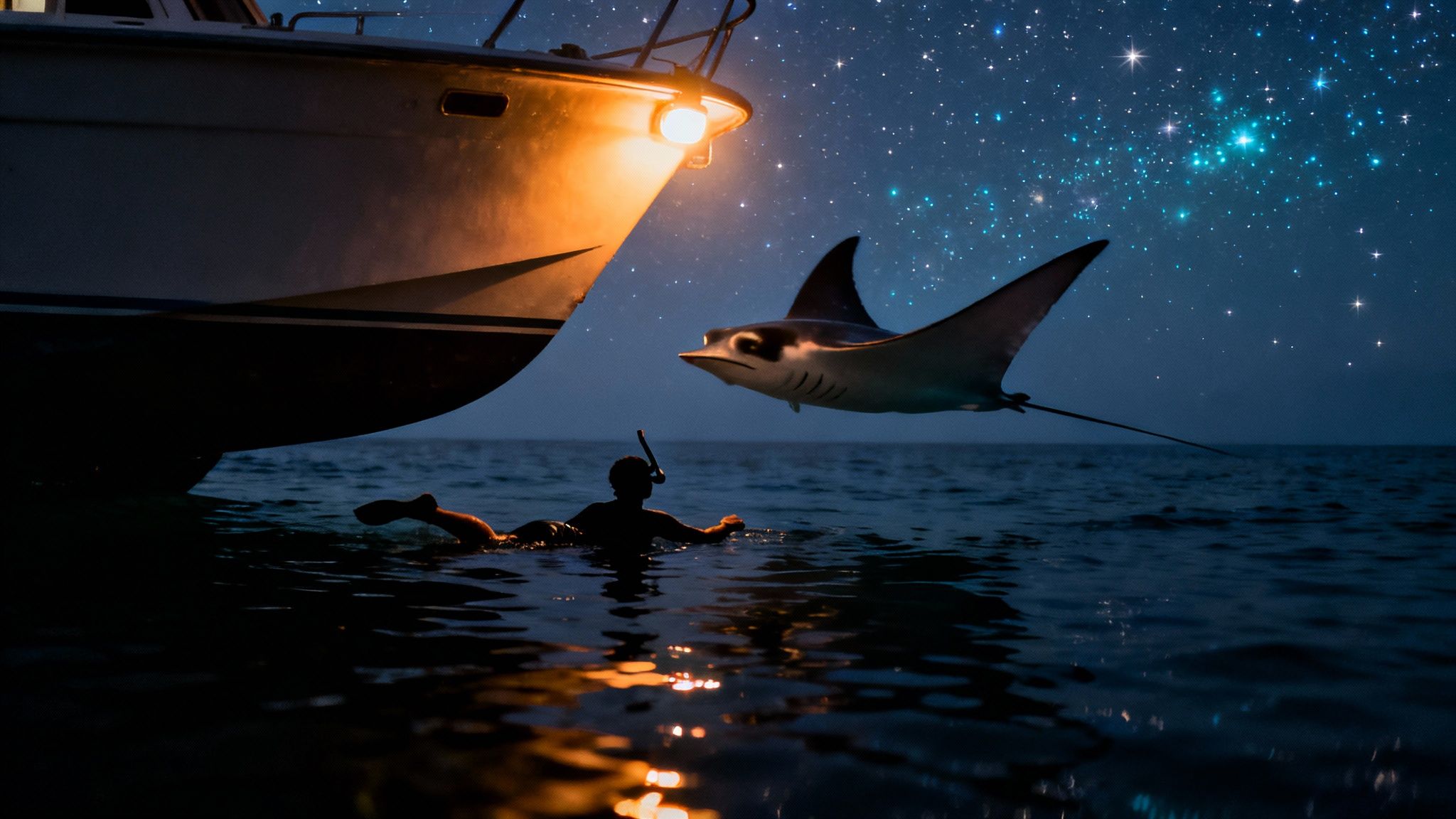 A person snorkeling at night observes a majestic manta ray near a boat under a starry sky.
